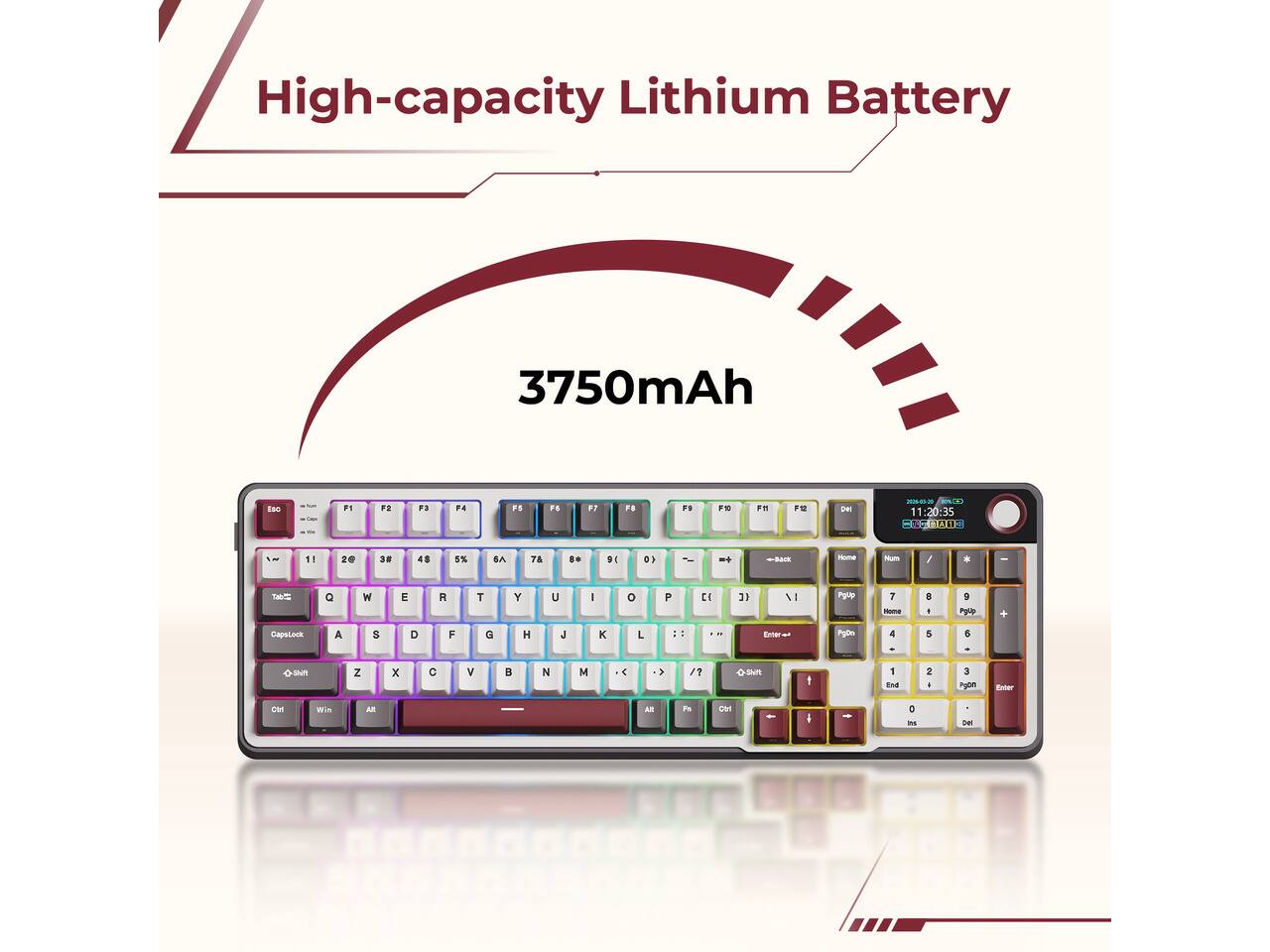 High-capacity Lithium Battery  
3750mAh  

ESO  
P1  
FR  
ra  
F4  
PE  
F.S  
FJ  

FS  
P10  
F11  
CPM  
UNI  
2026.99 80%CHO 11:20:35 BRANDE  
11  
20  
38  
46  
5%  

7&  
9( -  
0>  
-  
Home  
Num  
-  
TaleS  
Q  
W  
E  
R  
T  
Y  
U  
I  
o  
P  
cc  
3)  
-  
PgUp  
7 -  
8 .  
9 PyUp  
CapsLock  
A  
S  
D  
F  
G  
H  
J  

L  
:  
:  
Enter:  
PgDn  
4  
5  
6  

z  
x  
C  
V  

N  
M  
<  
>  
?  
O thin  
I  
1 End  
2 -  
3 POON  
EWNY  
Cirl  
Win  
All  
All  
FVI  
Ctrl  

INS  
1 CHH