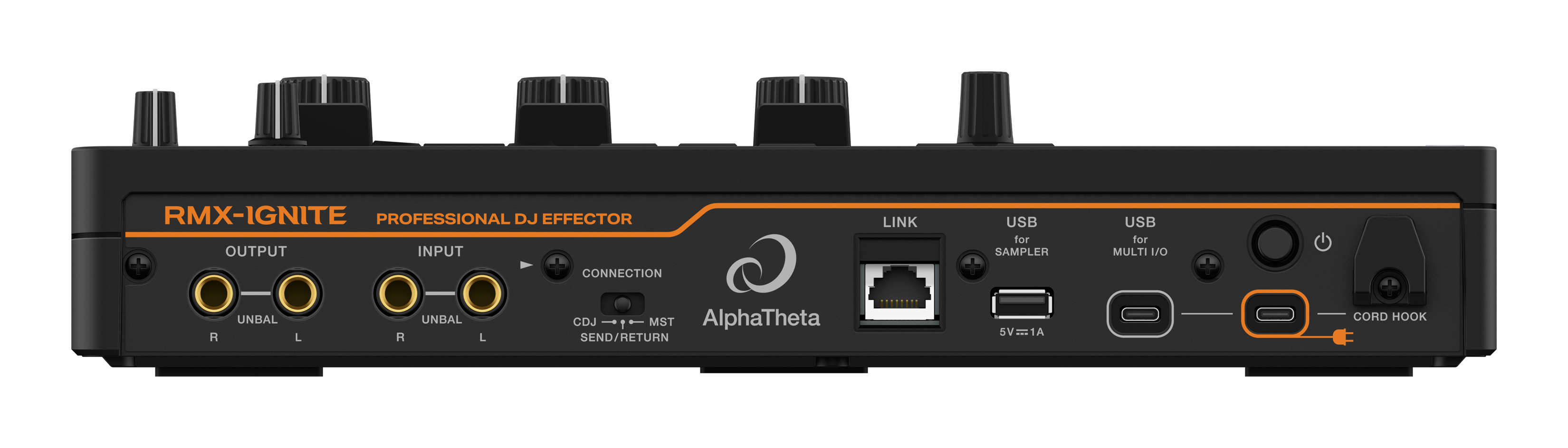 RMX-IGNITE PROFESSIONAL DJ EFFECTOR  
OUTPUT  
INPUT  
LINK  
USB for SAMPLER  
USB for MULTI I/O CONNECTION  
UNBAL L R  
UNBAL L CDJ  
1 MST AlphaTheta SEND/RETURN  
5V=1A  
5V A  
CORD HOOK