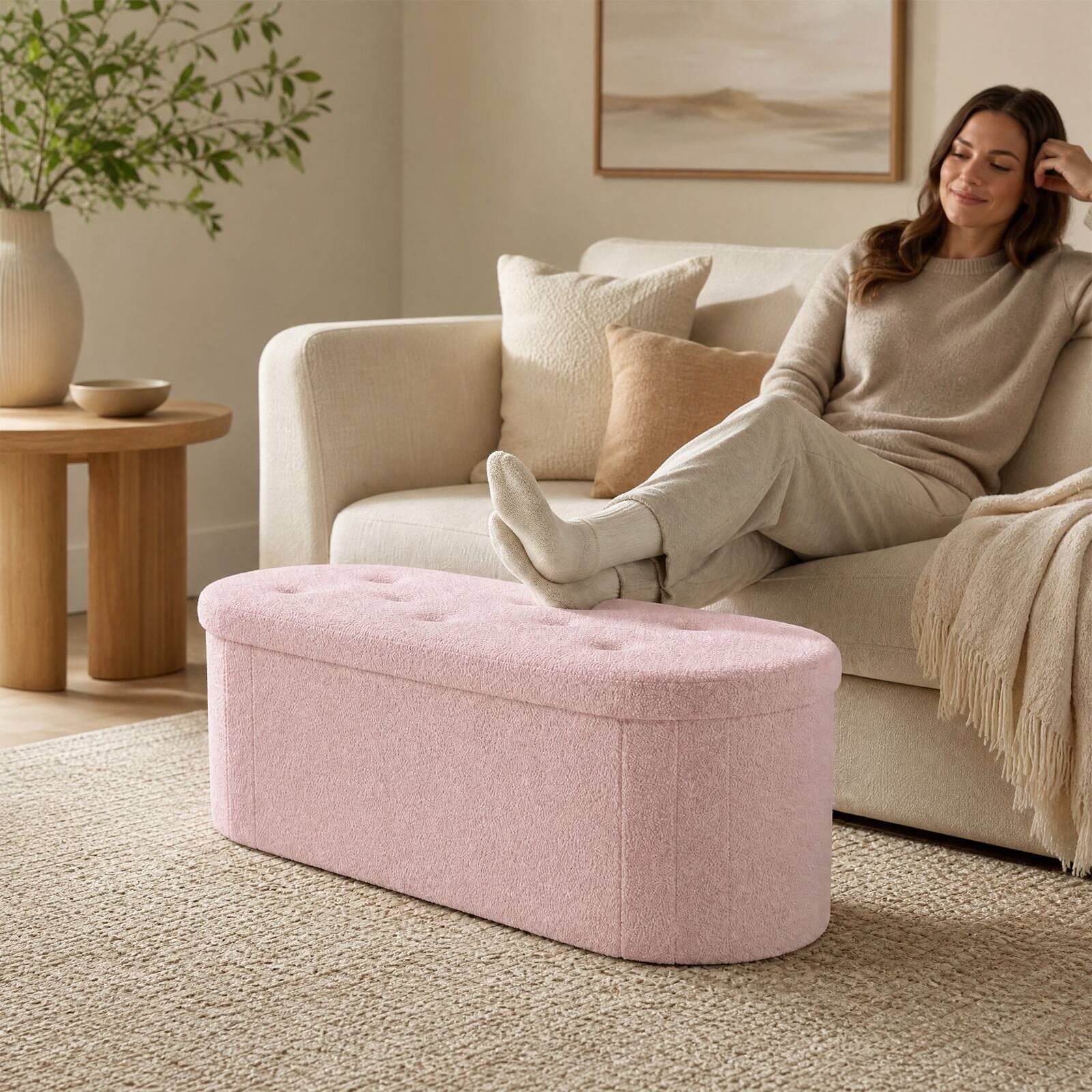 Alt View 4. Costway - Costway Storage Ottoman Bench 43" Oval Ottoman with Dividers Folding Teddy Boucle Footrest - Pink.
