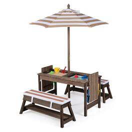 Costway - Kids Picnic Table & Benches Set with Adjustable Umbrella, Removable Cushions, Boxes - Brown