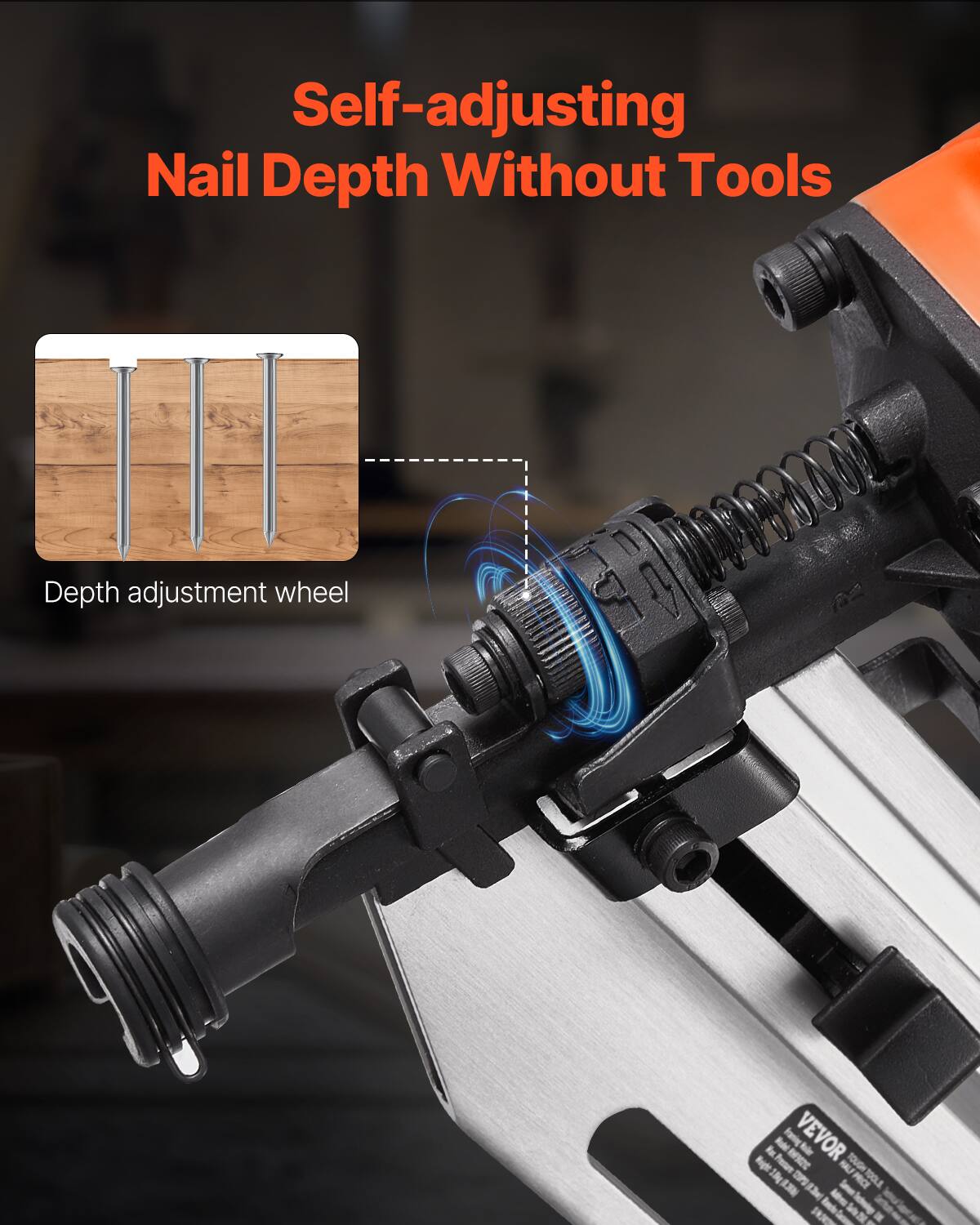 Self-adjusting Nail Depth Without Tools

Depth adjustment wheel