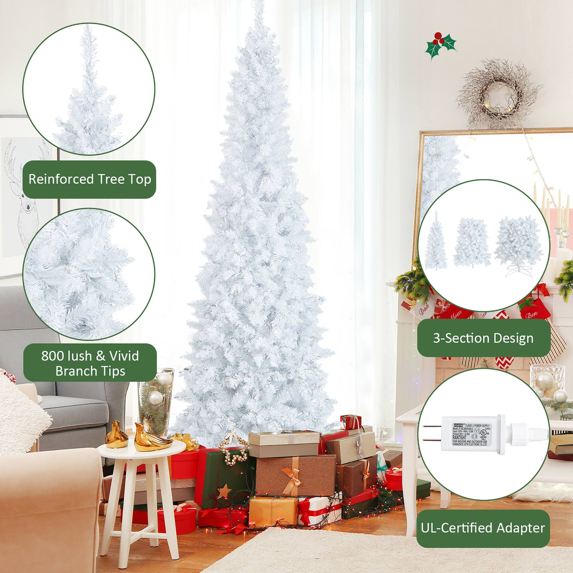 The image shows a Christmas tree in a living room, with a white tree and presents surrounding it. The text on the image is grouped and corrected as follows:

1. Reinforced Tree Top: This refers to the top of the Christmas tree, which is designed to be sturdy and stable.
2. 800 Lush & Vivid Branch Tips: This suggests that the tree has 800 tips, which are designed to create a full and lush appearance.
3. Bad Com Beve 3-Section Design: This refers to the design of the tree, which has three sections for a more organized and visually appealing presentation.
4. UL-Certified Adapter: This indicates that the tree is equipped with a UL-certified adapter, ensuring safety and compliance with industry standards.