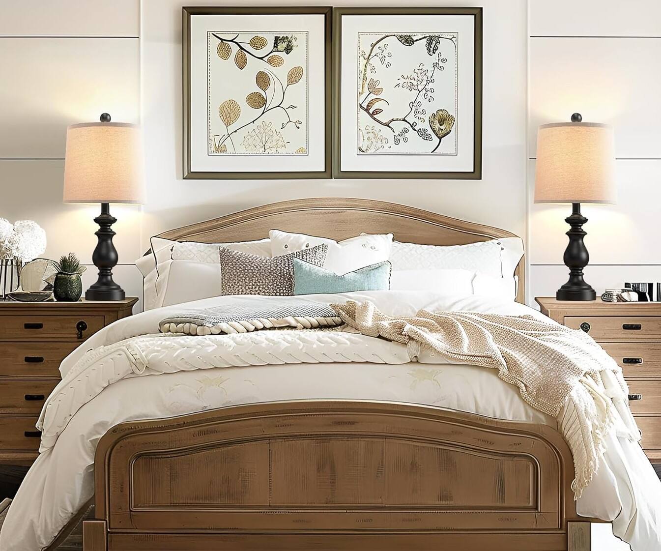 Alt View 4. FINEAK - Rustic Farmhouse Table Lamps Set of 2 with Linen Shades - Matte Black.