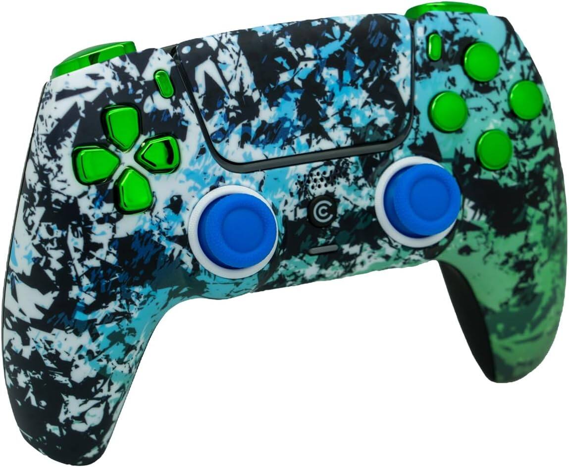 Left. Custom Controllerzz - Custom Wireless Controller for PS5 - Polar Pixel & Green Chrome Inserts.