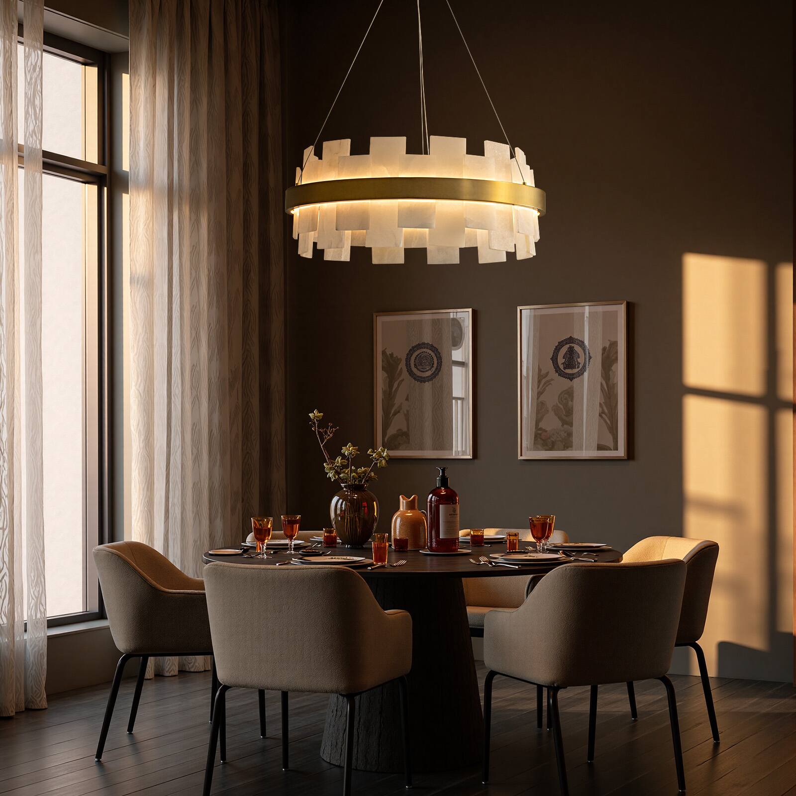 Back. Siljoy - 23.6-In Modern Alabaster LED Chandelier, Brass Frame Dimmable Light for Dining Room Living Room Kitchen Island Foyer - Gold Brass.