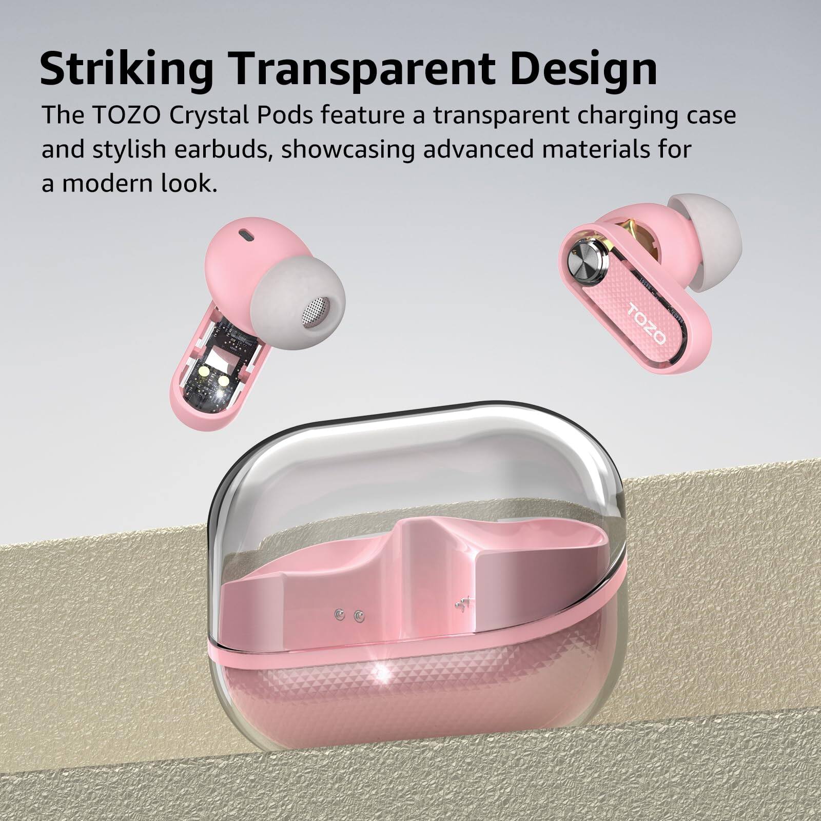 Striking Transparent Design
The TOZO Crystal Pods feature a transparent charging case and stylish earbuds, showcasing advanced materials for a modern look. TOZO