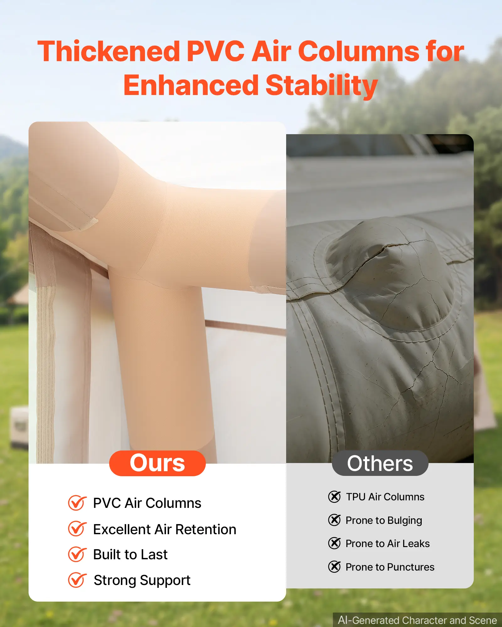 Thickened PVC Air Columns for Enhanced Stability

Ours
- PVC Air Columns
- Excellent Air Retention
- Built to Last
- Strong Support

Others
- TPU Air Columns
- Prone to Bulging
- Prone to Air Leaks
- Prone to Punctures

AI-Generated Character and Scene