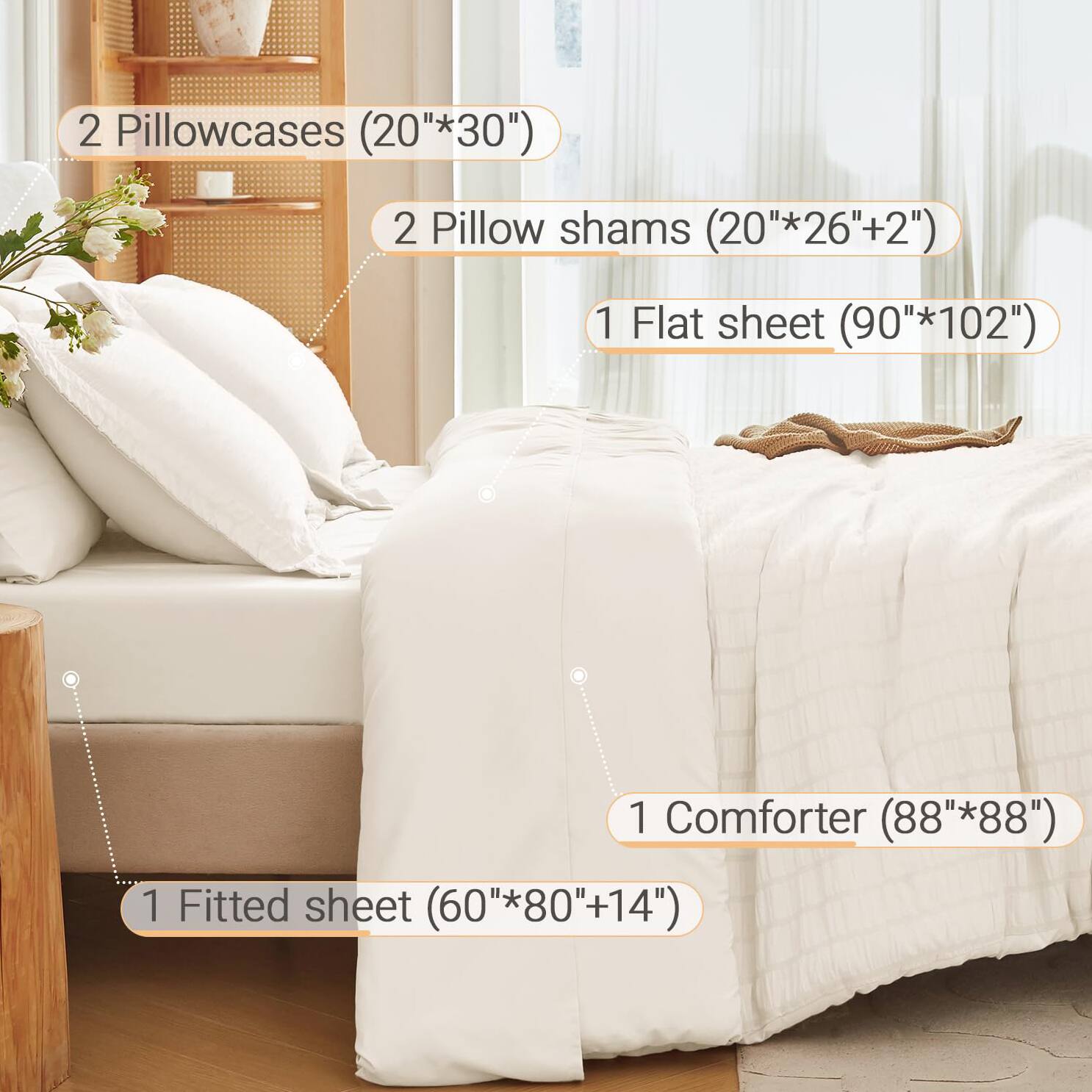2 Pillowcases (20" x 30")  
2 Pillow shams (20" x 26" + 2")  
1 Flat sheet (90" x 102")  
1 Comforter (88" x 88")  
1 Fitted sheet (60" x 80" + 14")
