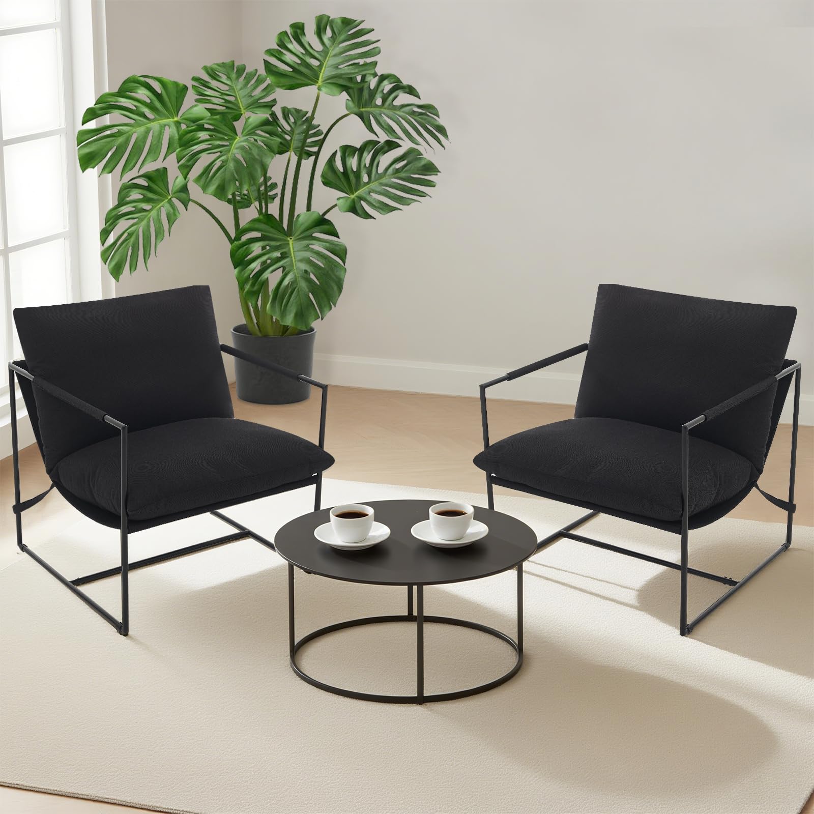 Alt View 1. Jojoka - Modern Sling Accent Chair with Metal Frame, Upholstered Oversized Armchair with Shredded Foam Cushion for Living Room - Linen | Black.