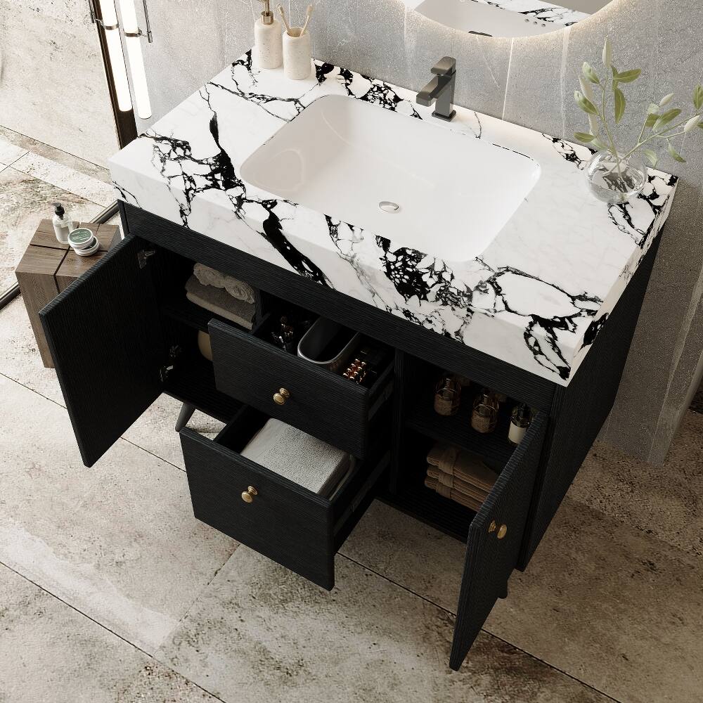 Alt View 1. Loheer - Loheer 36 inch freestanding bathroom vanity with sintered stone vanity top, ceramic sink, black and gold - Black/Gold/White.