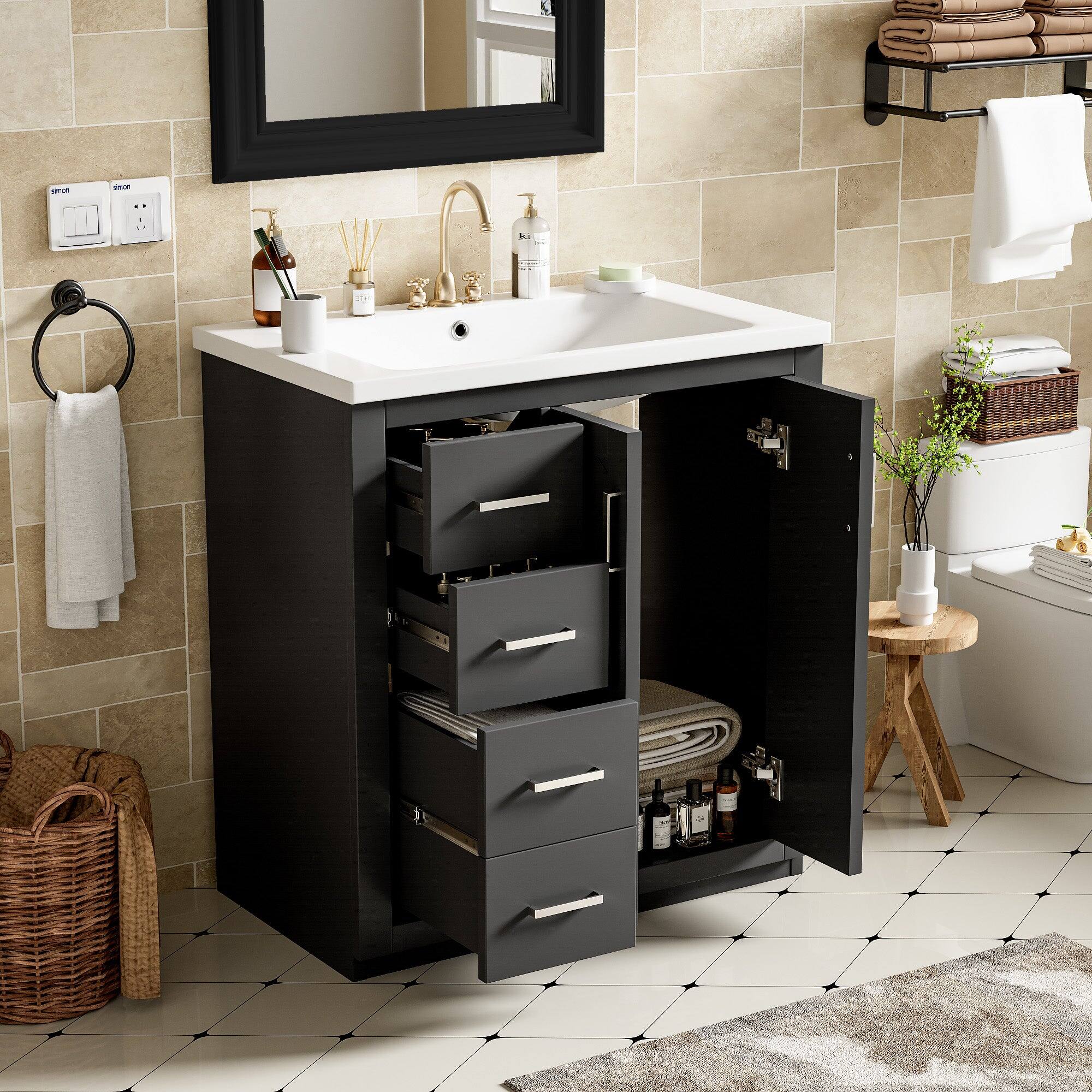 Alt View 2. Boyel Living - 30 Inch Bathroom Vanity Black with Ceramic Sink Solid Wood Frame 3 Drawers 1 Cabinet - Black.