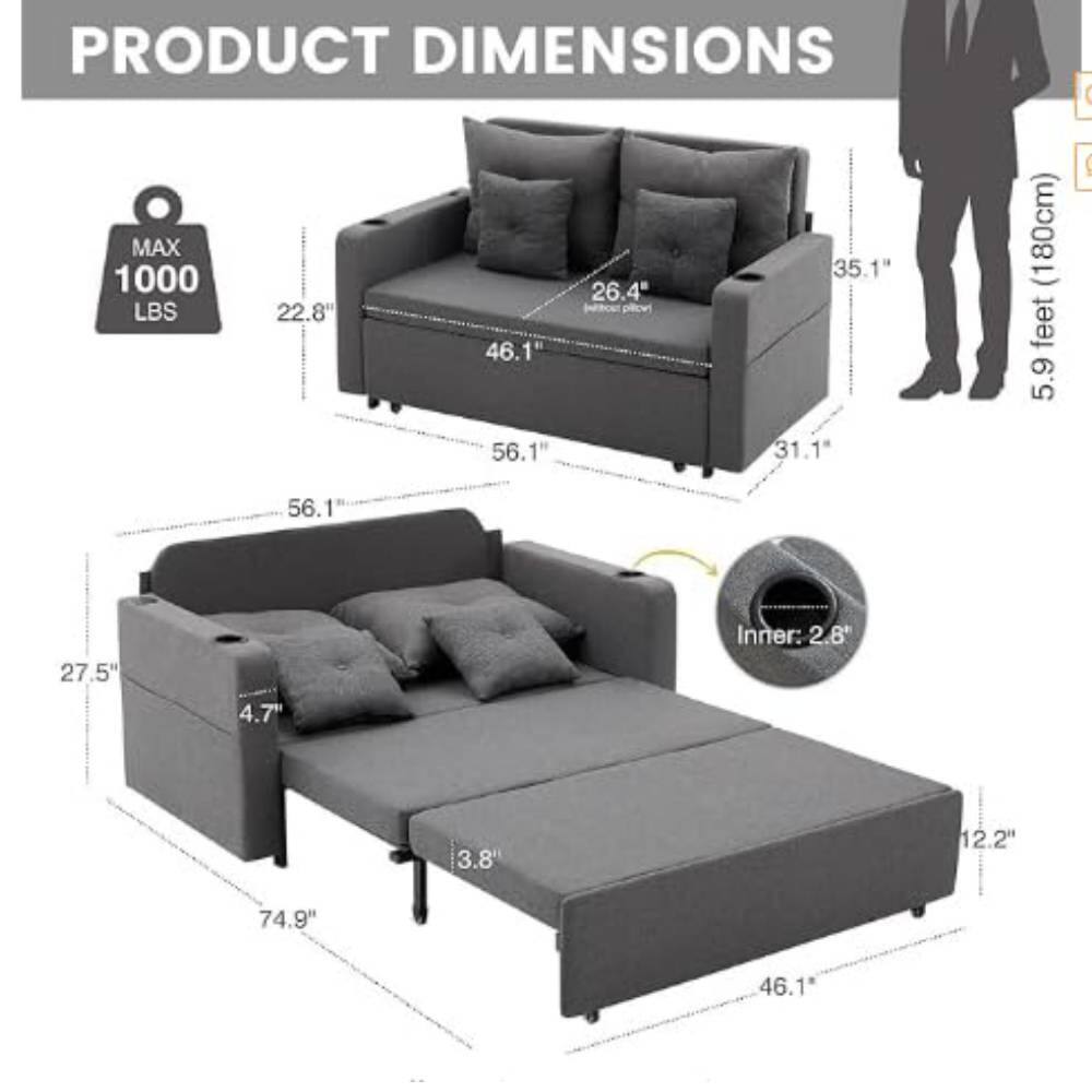 PRODUCT DIMENSIONS

MAX 1000 LBS

- Sofa:
  - Width: 56.1"
  - Depth: 31.1"
  - Height: 35.1"
  - Seat Height: 22.8"
  - Back Height: 46.1"
  - Armrest Height: 26.4"

- Bed:
  - Width: 74.9"
  - Depth: 46.1"
  - Height: 4.7"
  - Inner Height: 2.8"
  - Inner Width: 12.2"
  - Inner Depth: 3.8"

- Height Reference: 5.9 feet (180cm)