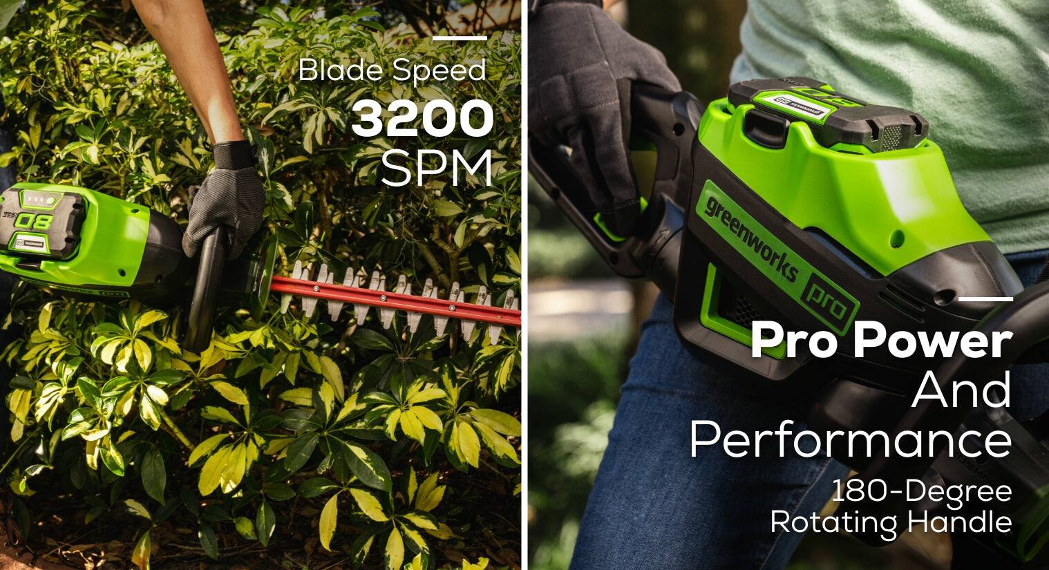 The text on the image can be grouped and corrected as follows:

"Blade Speed: 3200 SPM
Greenworks Pro: Pro Power and Performance
180-Degree Rotating Handle"