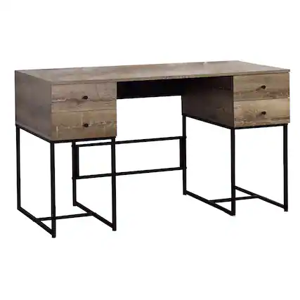 Front. Manhattan Lane - Wooden Desk with 4 Drawers and Tubular Metal Support, Brown and Black - Brown and Black.