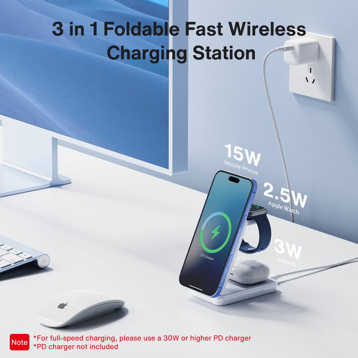3 in 1 Foldable Fast Wireless Charging Station
15W Mobile Phone
2.5W Apple Watch
3W Airpods
*For full-speed charging, please use a 30W or higher PD charger
*PD charger not included