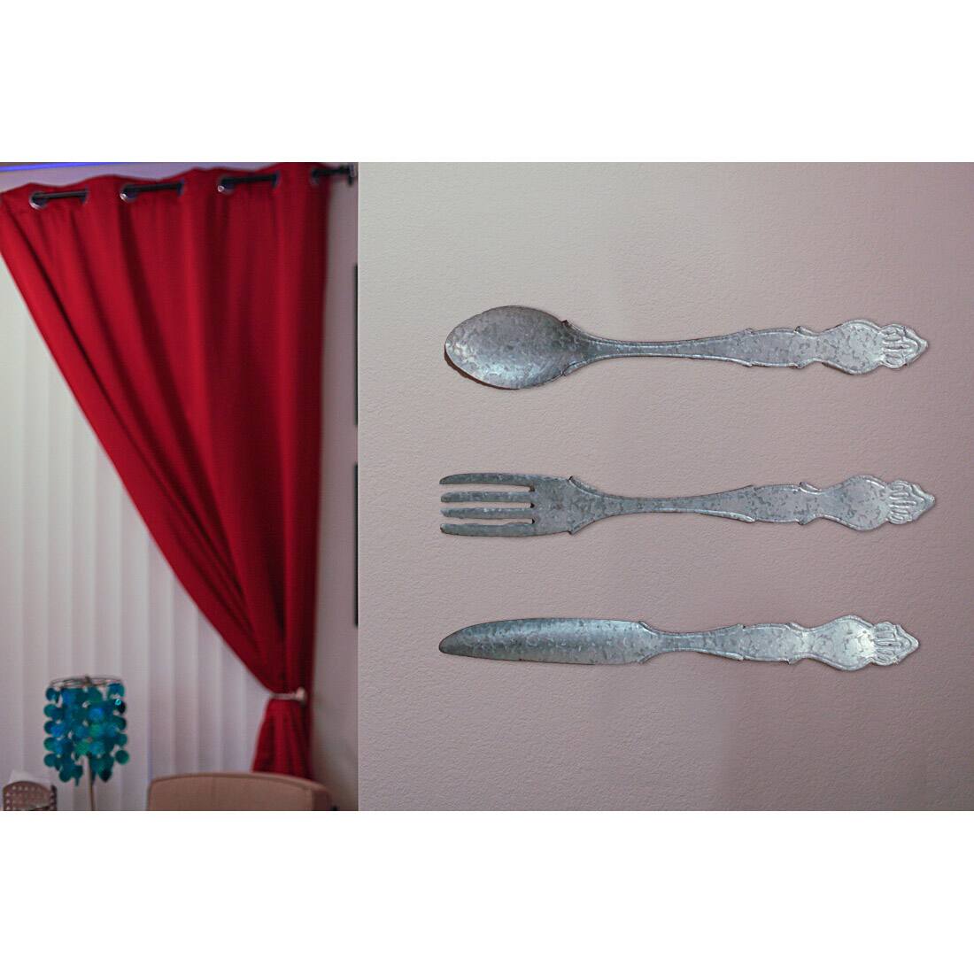 Alt View 5. Zeckos - Giant Galvanized Metal Fork Spoon Knife Farmhouse Kitchen Decor Wall Hanging Set - Gray.