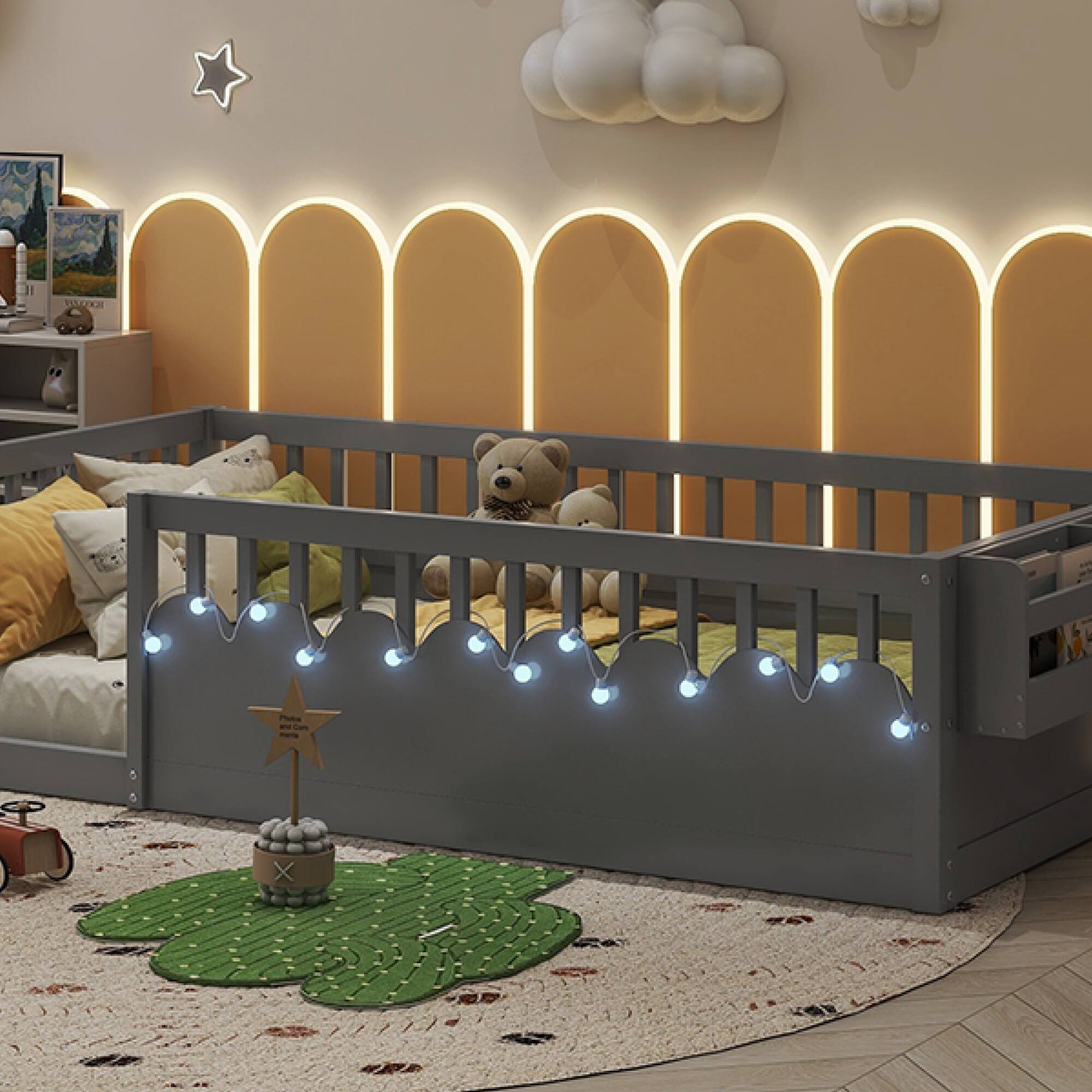 Alt View 9. GOODSILO - Twin Montessori Low Profile Floor Bed Frame with Safety Rails, LED Lighting and Storage Shelf for Children's Bedroom - Grey.