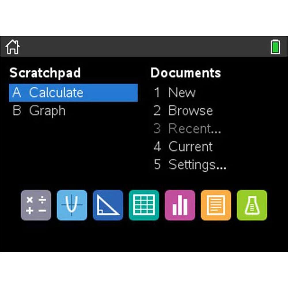 Scratchpad  
A Calculate  
B Graph  

Documents  
1 New  
2 Browse  
3 Recent...  
4 Current  
5 Settings...  

Icons:  
- Calculator  
- Function graph  
- Triangle  
- Grid  
- Bar chart  
- Document  
- Test tube