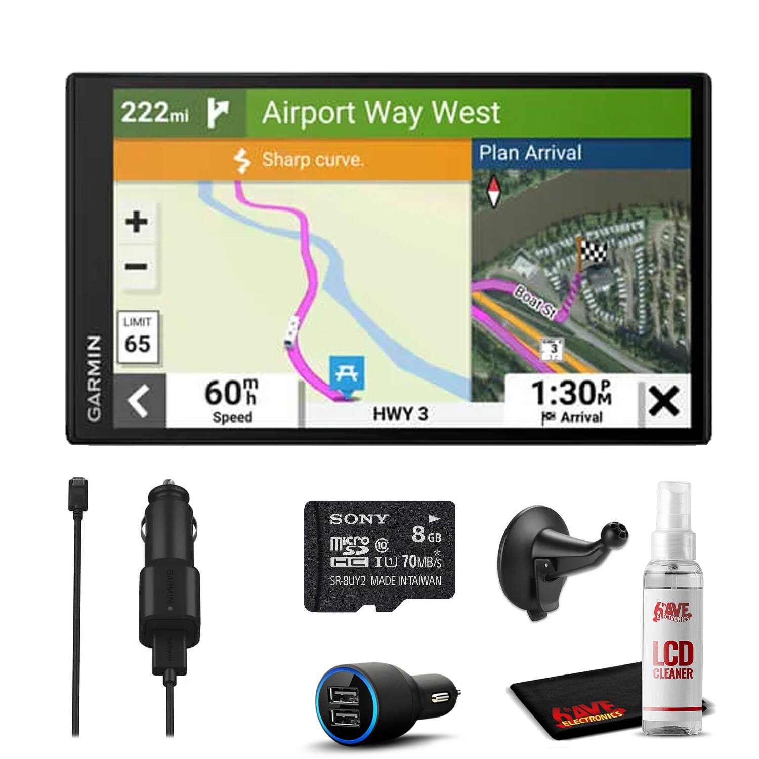 222mi Airport Way West  
Sharp curve.  
Plan Arrival  
LIMIT 65  
Speed 60  
HWY 3  
1:30PM  
GARMIN  
SONY 8GB microSD 70MB/s SR-BUY2 MADE IN TAIWAN  
SAVE ELECTRONICS LCD CLEANER
