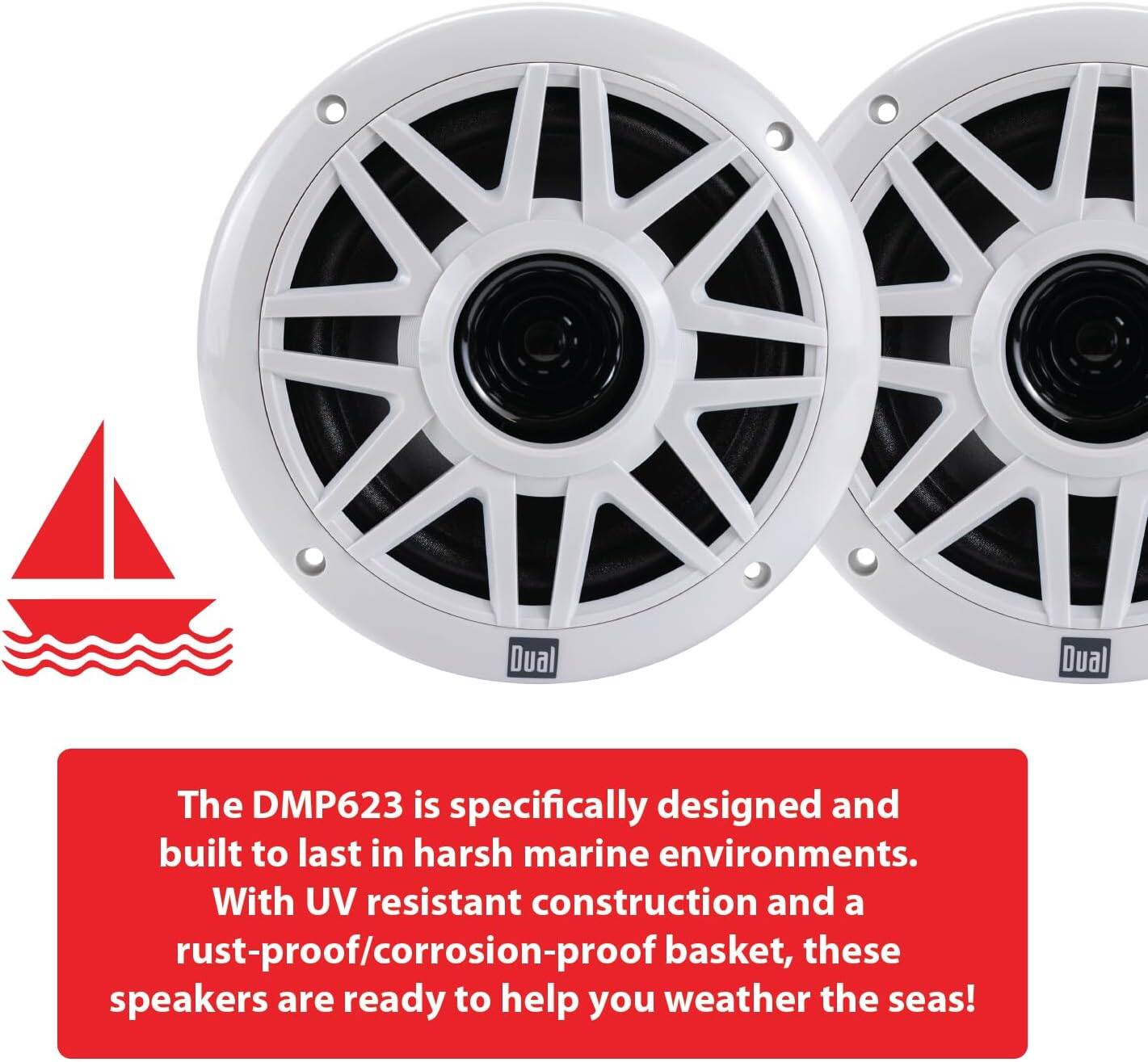 The DMP623 is specifically designed and built to last in harsh marine environments. With UV resistant construction and a rust-proof/corrosion-proof basket, these speakers are ready to help you weather the seas!