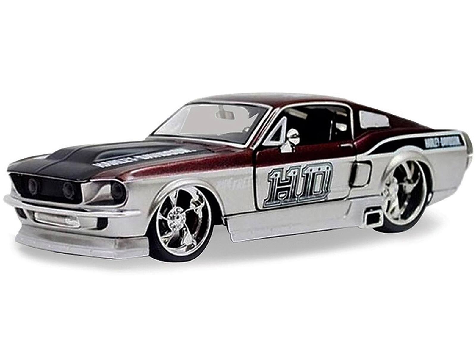 Angle. Maisto - 1967 Ford Mustang GT Red and Silver "Harley Davidson" 1/24 Diecast Model Car by Maisto - Red And Silver.