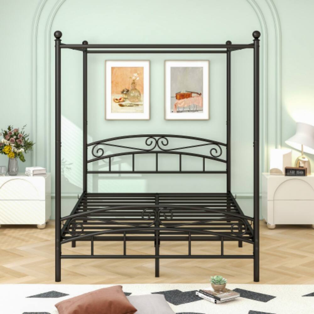 Angle. LUCKY ONE - Queen Size Metal Canopy Bed Frame with Headboard and Footboard, 4-Post Design, Steel Tubing, No Box Spring Needed - Black.