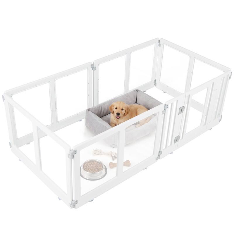 Front. WELLFOR - 22.5" Height Clear Pet Playpen with Secure Locking Door, 8 Panel Transparent Dog Fence Plastic Puppy Play Pen - White.