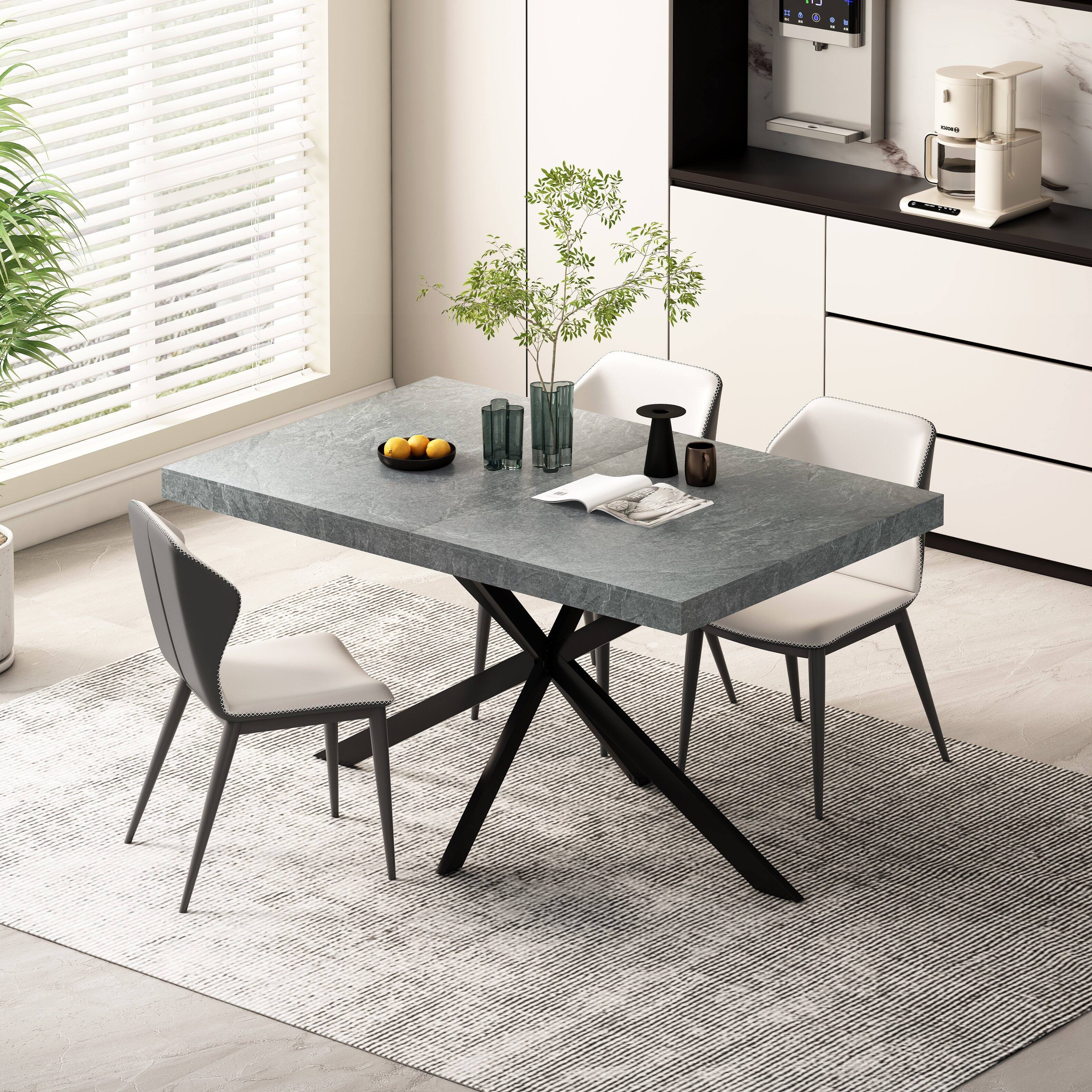 Angle. Tiramisubest - Retro Rectangular Stretch Dining Table with Storage Box,Dark Grey stone Top And Black Relief Plate,Iron Foot Base - DARK GREY.