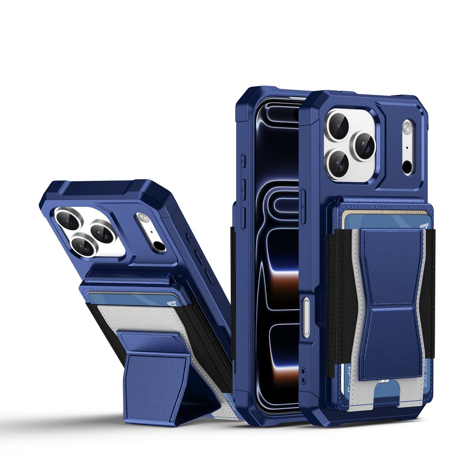Angle. UUCOVER - Wallet Case for Apple iPhone 17 Pro Max with Elastic Card Slot Holder and Kickstand, Shockproof Drop Protection Cover - Darkblue.