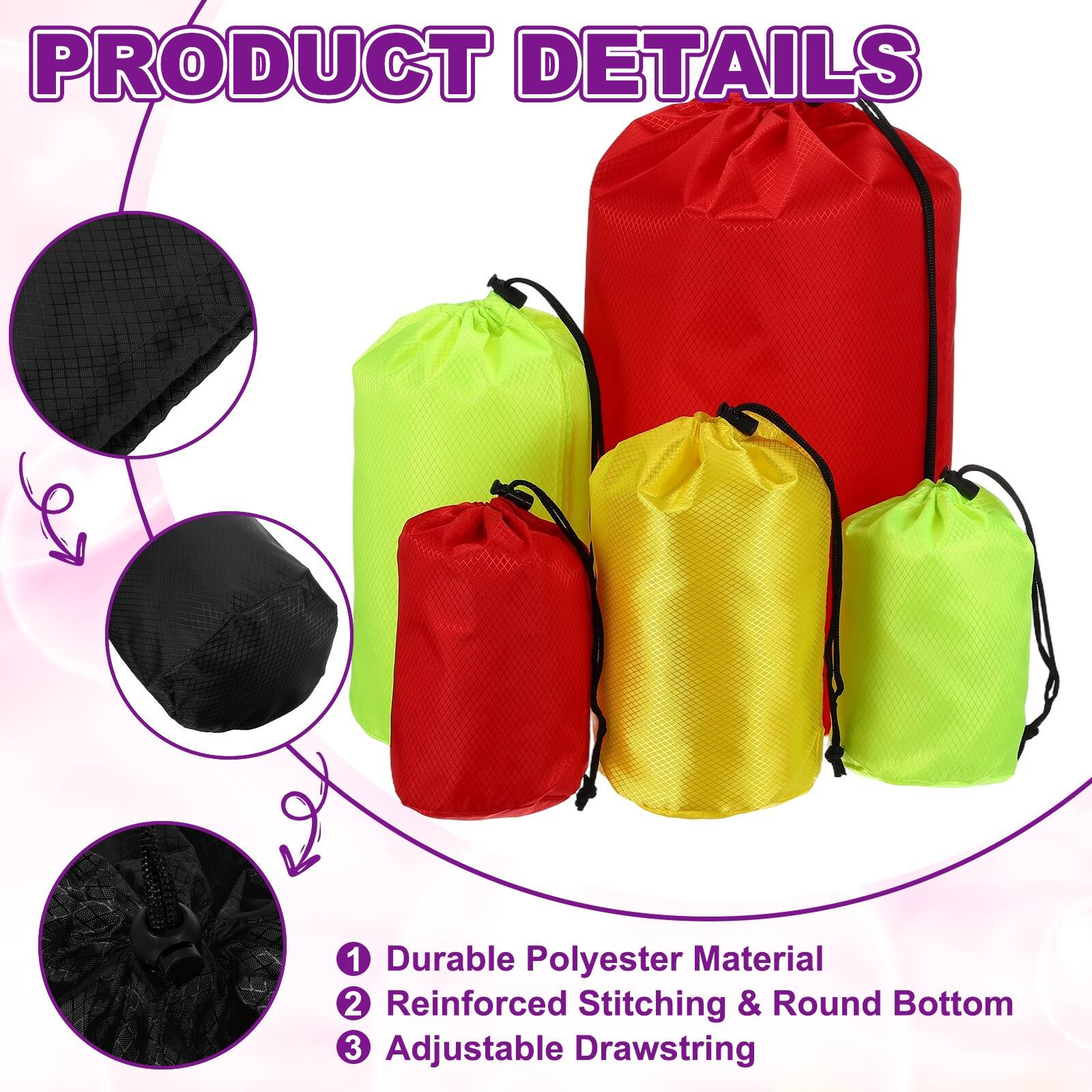PRODUCT DETAILS

1. Durable Polyester Material
2. Reinforced Stitching & Round Bottom
3. Adjustable Drawstring