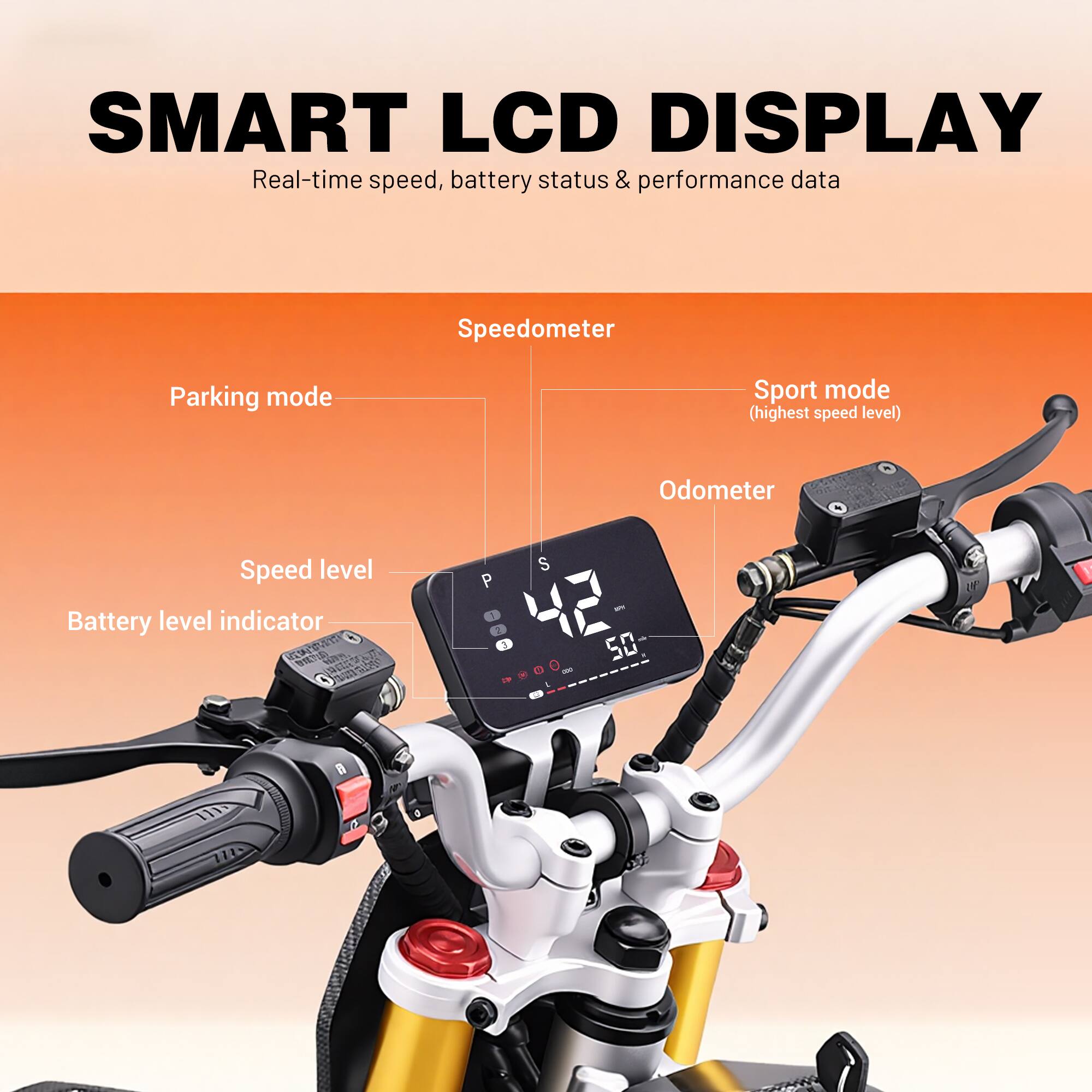 SMART LCD DISPLAY  
Real-time speed, battery status & performance data  
Speedometer  
Parking mode  
Sport mode (highest speed level)  
Odometer  
Speed level  
Battery level indicator