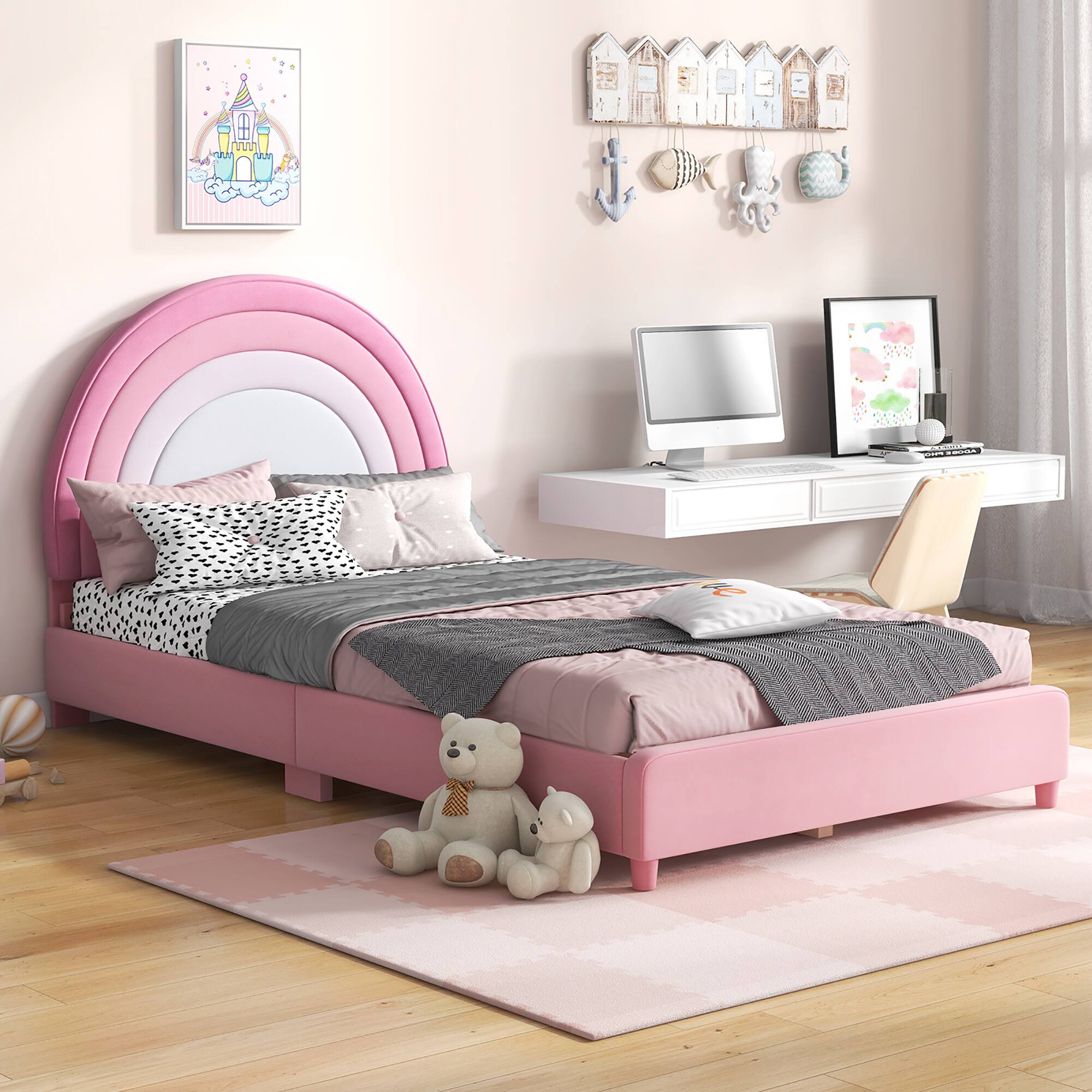 Alt View 1. Gymax - Gymax Kids Twin Platform Bed Frame Upholstered Twin Size Bed w/ Wooden Slats Support Pink - Pink.