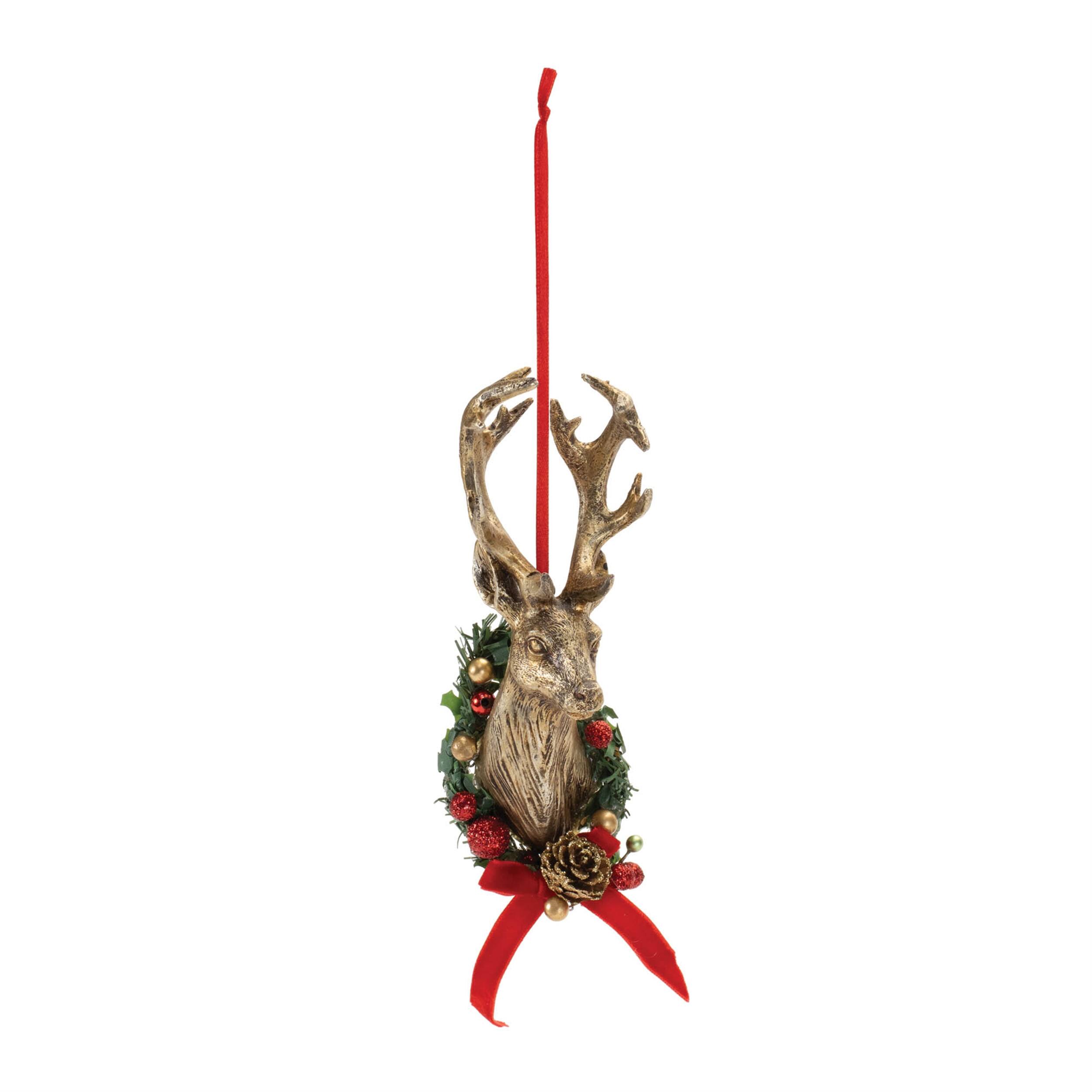 Angle. BreeBe - Deer Head Mount Ornament (Set of 6) - Brown, Red, Green.
