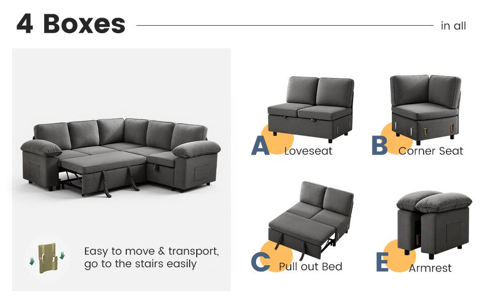 4 Boxes in all

A. Loveseat  
B. Corner Seat  
C. Pull out Bed  
D. Armrest  

Easy to move & transport, go to the stairs easily