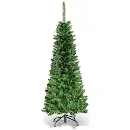 Costway - 4.5ft Pre-Lit Hinged Pencil Christmas Tree 150 White Lights - Green