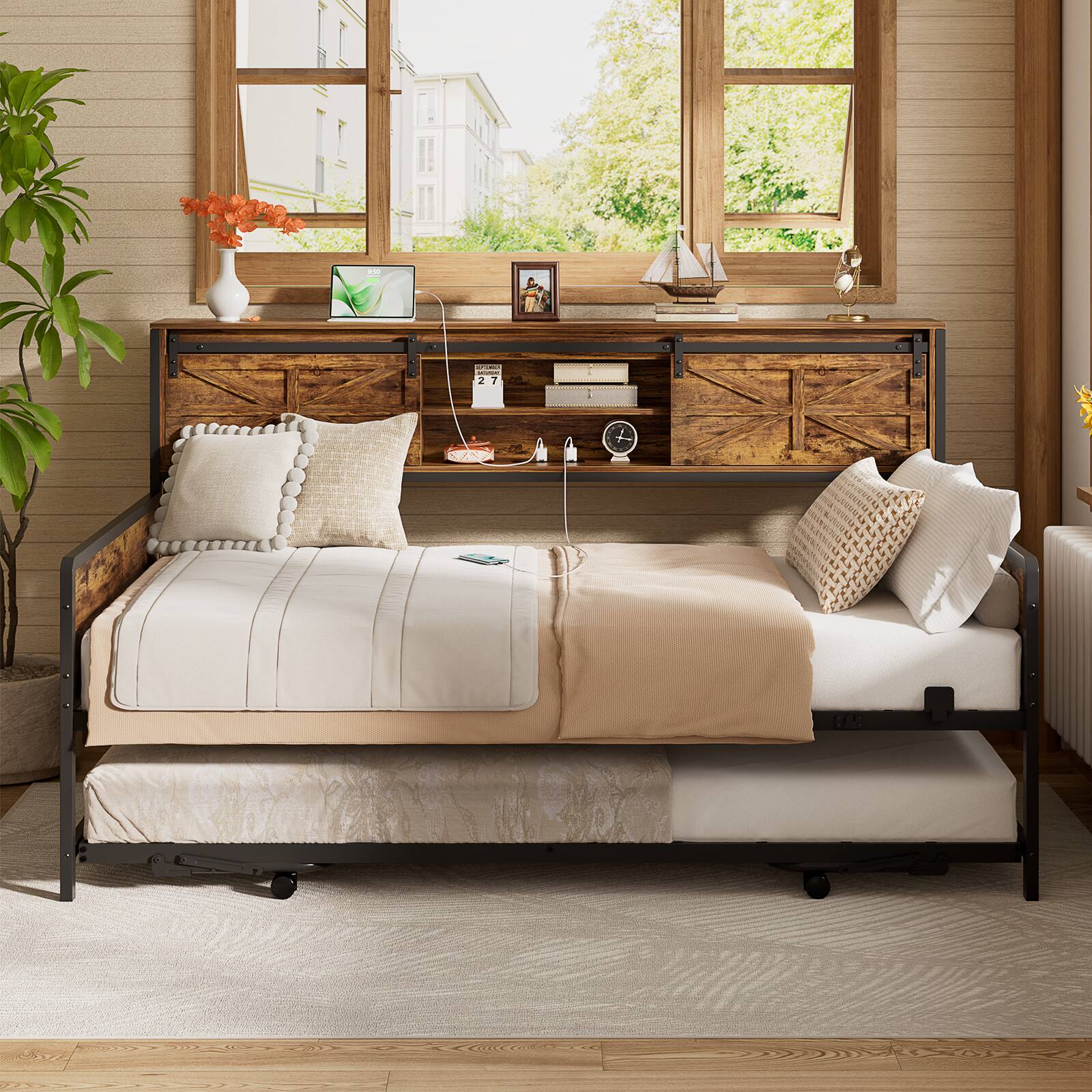 Alt View 3. Aheaplus - Farmhouse Twin Daybed With Bookcase Headboard & Charging Station - Trundle Sofa Bed Frame, Space-Saving - Rustic Brown.