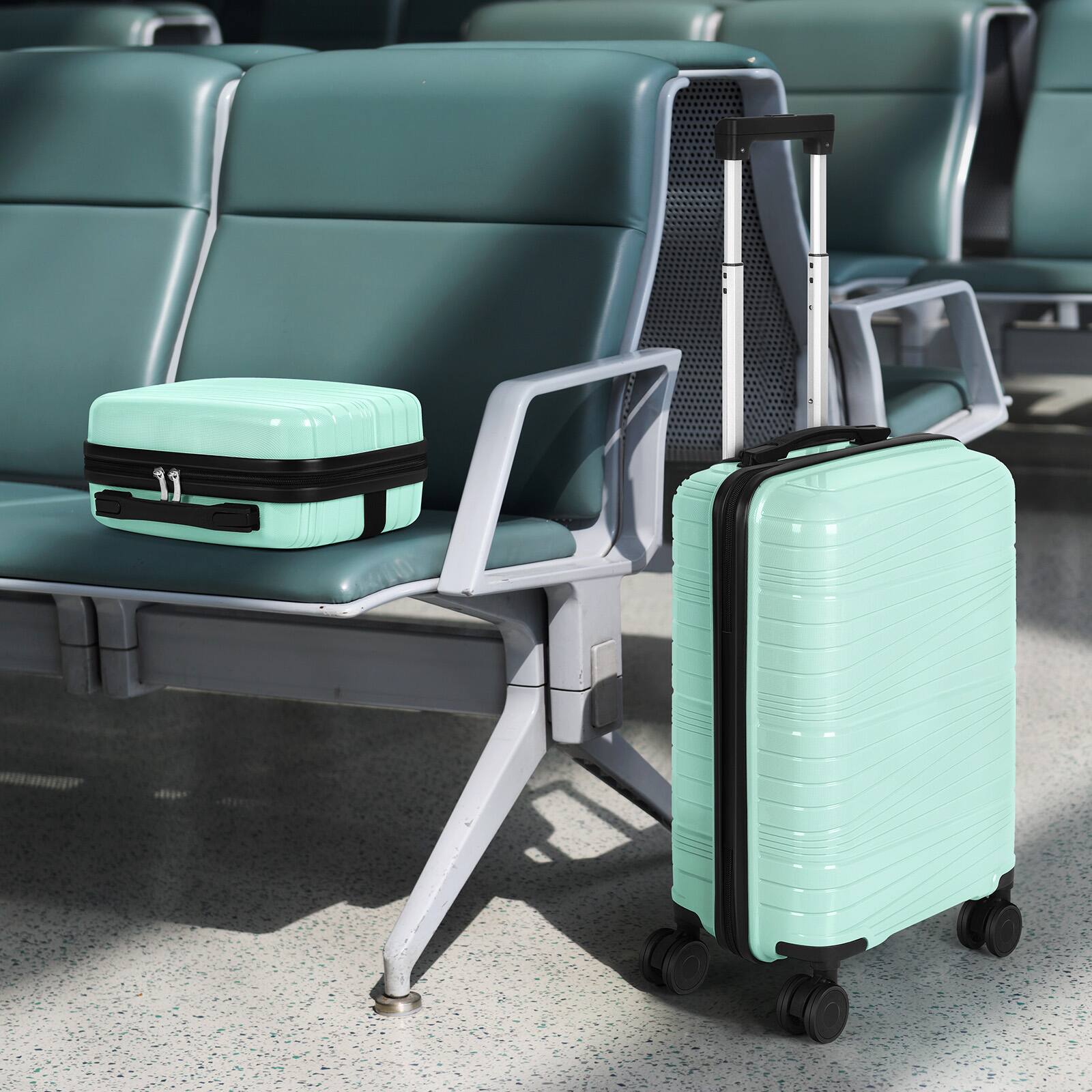 Alt View 3. Oumilen - 2 Piece Mint Luggage Set – 20" Carry On + 14" Cosmetic Case, 4 Silent Spinner Wheels with 3-Digit Lock - Mint.