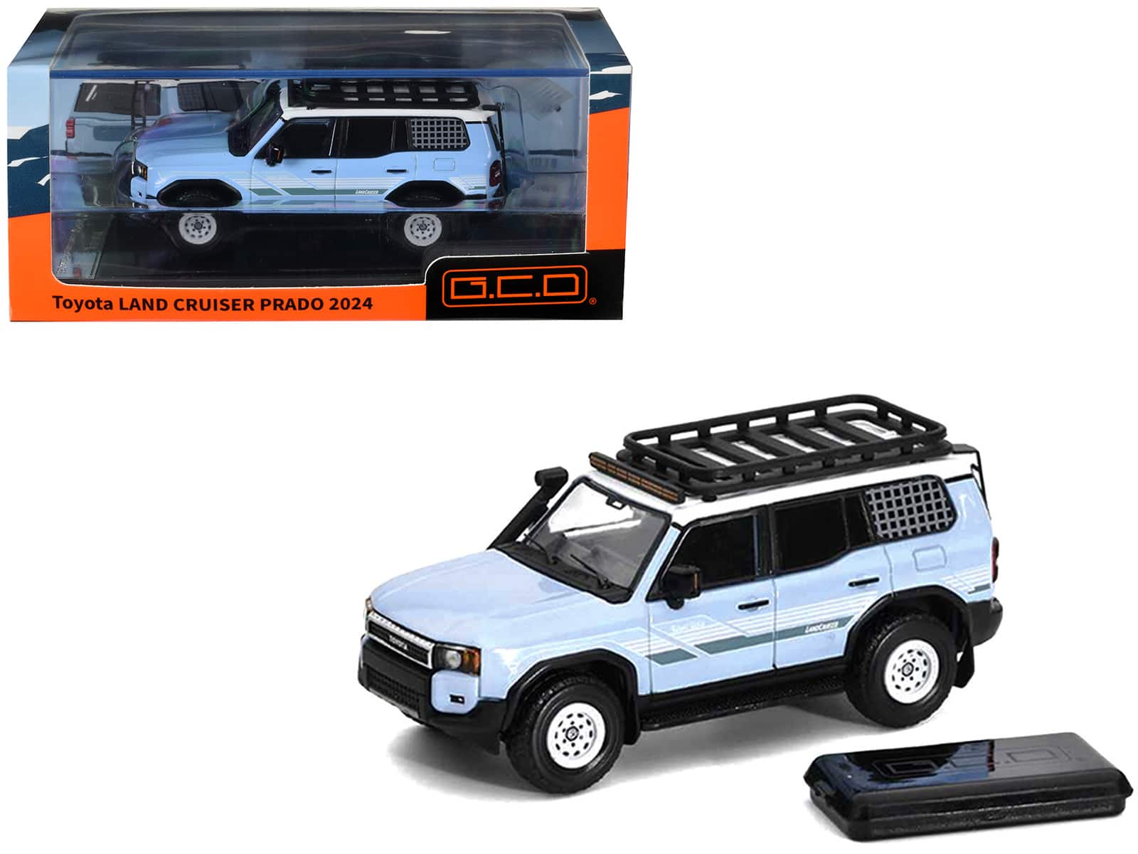 2024 Toyota Land Cruiser Prado Light Blue with White Top and Stripes with Roof Rack and Accessory 1/64 Model Car by GCD price history on PriceWatchPro