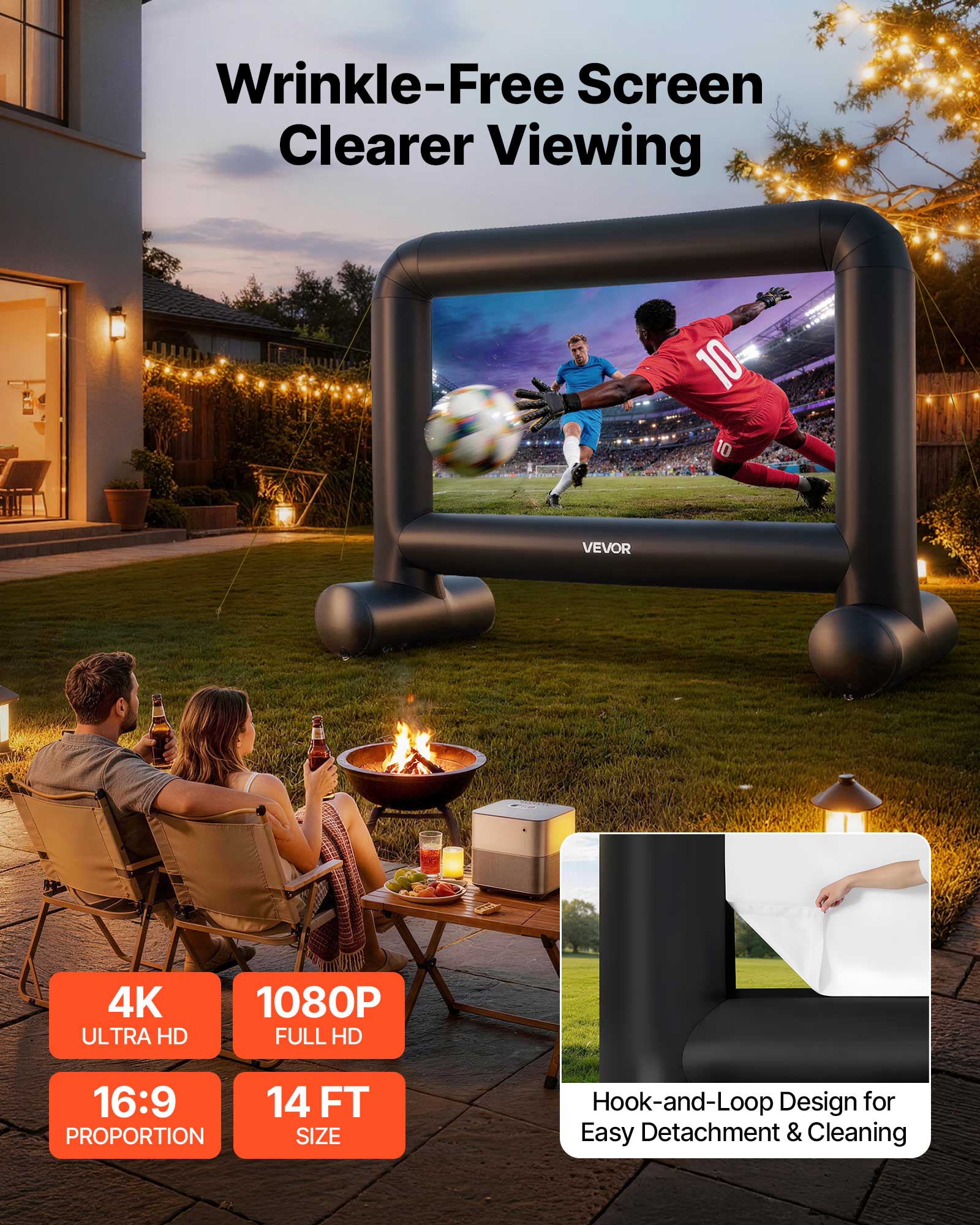 Wrinkle-Free Screen Clearer Viewing

10 10 VEVOR 4K ULTRA HD 1080P FULL HD 16:9 PROPORTION 14 FT SIZE

Hook-and-Loop Design for Easy Detachment & Cleaning