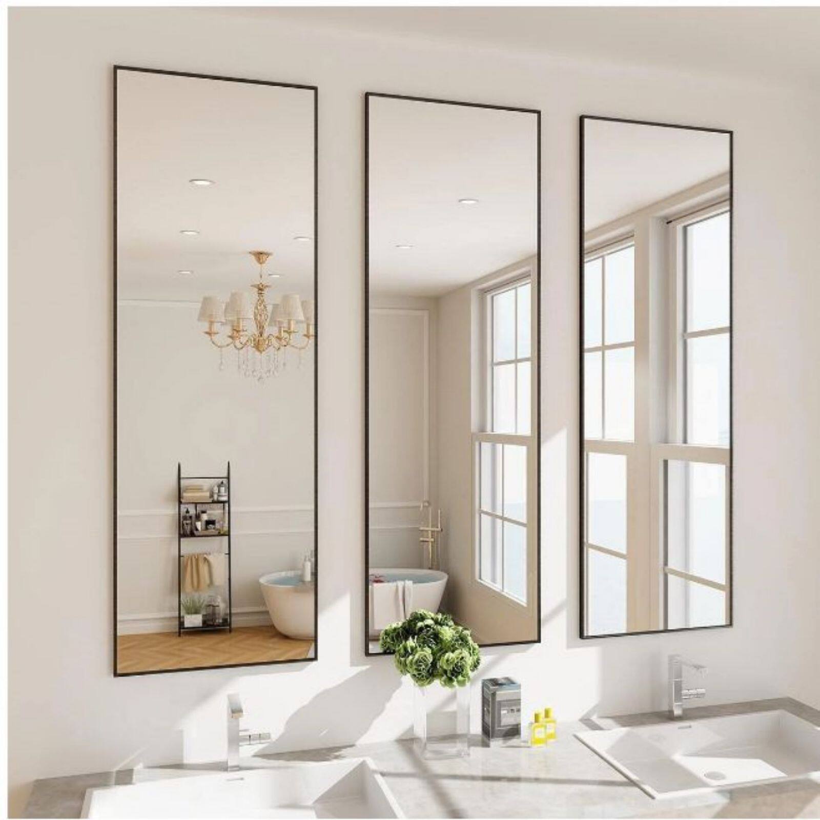 Back. HOMLUX - Rectangle Wall Mirror Black Aluminum Alloy Frame Wall Mounted Modern for Bathroom Bedroom Living Room.