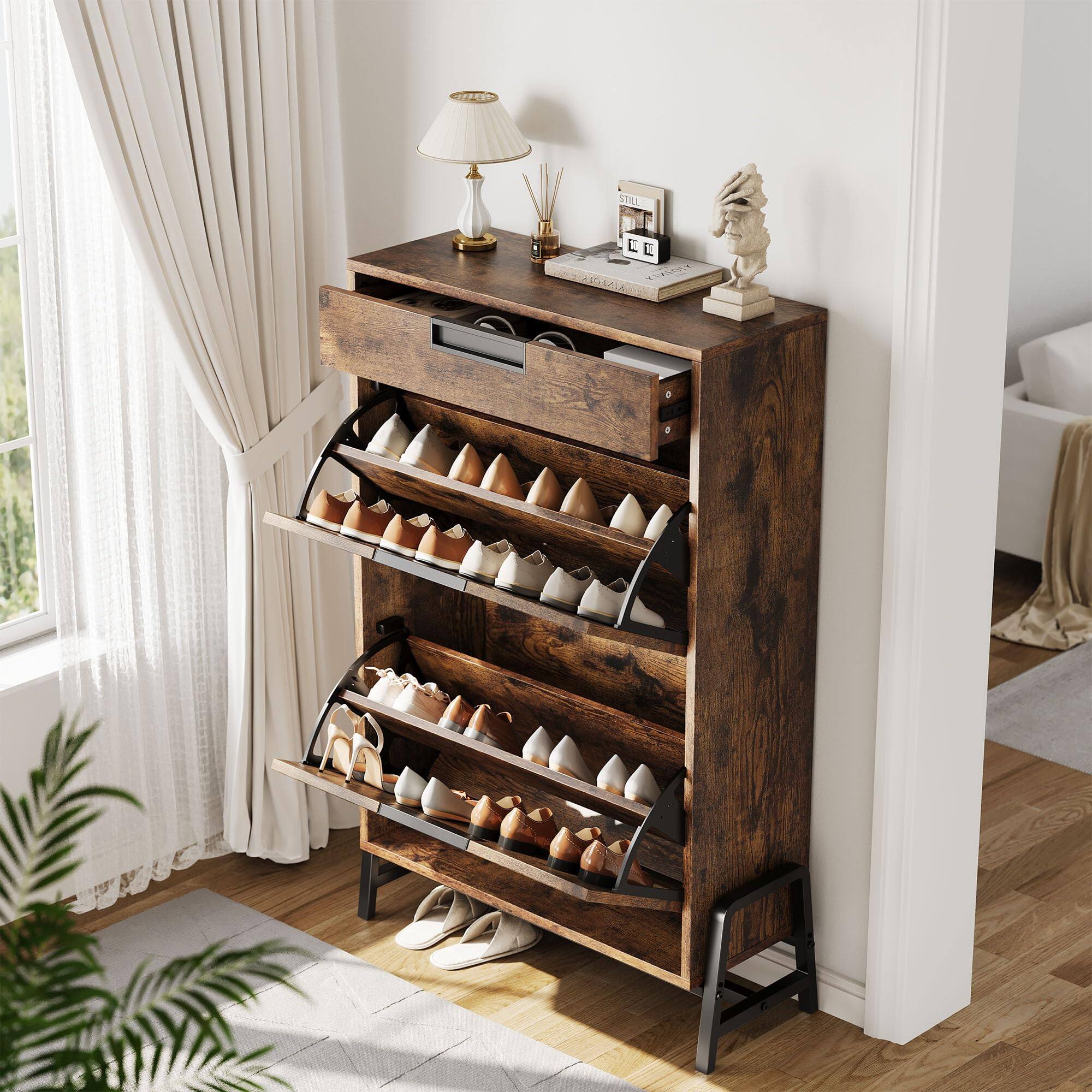 Acekool - Shoe Storage Cabinet with 2 Flip Drawers and 1 Drawer, Vintage Farmhouse Narrow Shoe Organizer with Legs - Brown