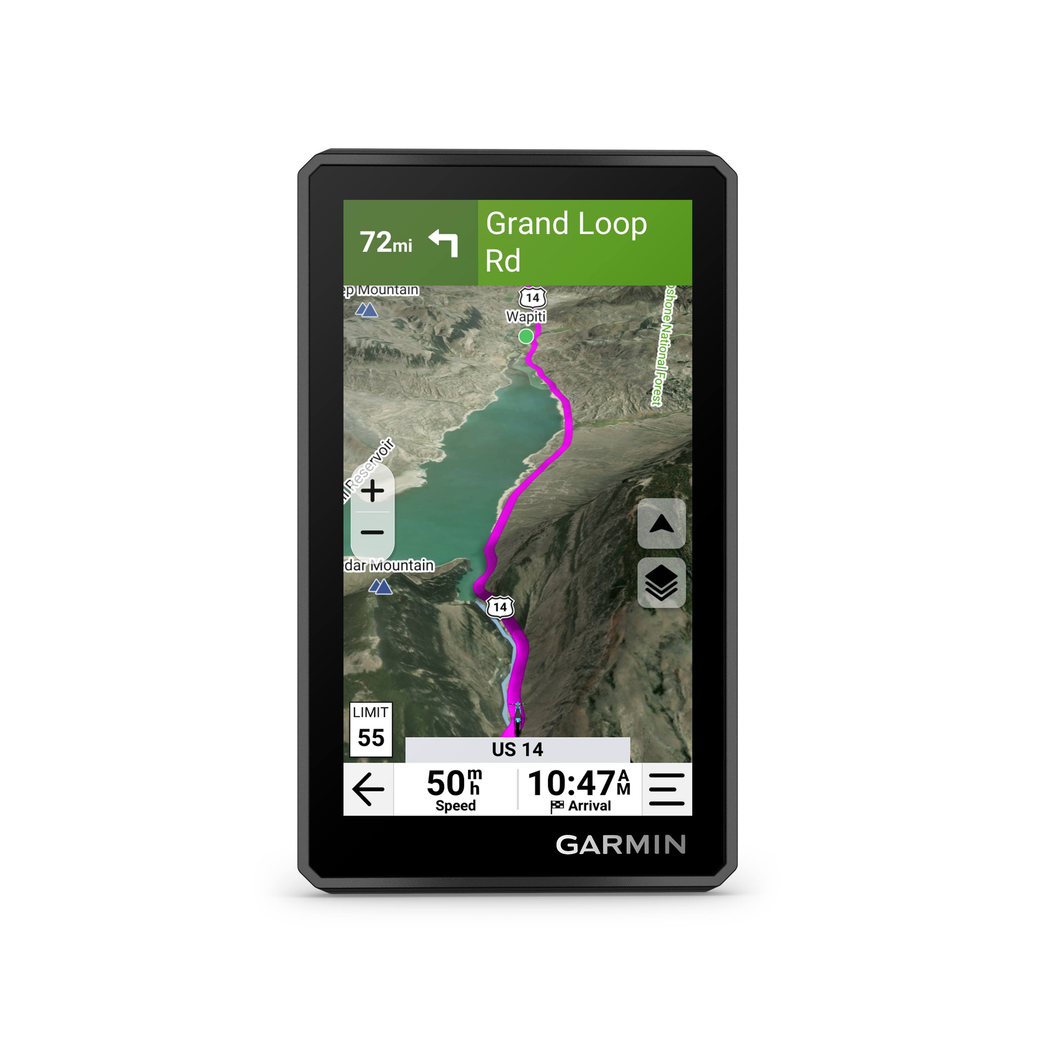 72mi  
MOLBR Reservoir  
Grand Loop Rd  
Wapiti  
National Forest  
dar Mountain  
US 14  
LIMIT 55  
Speed 50 mph  
Arrival 10:47 AM  
GARMIN