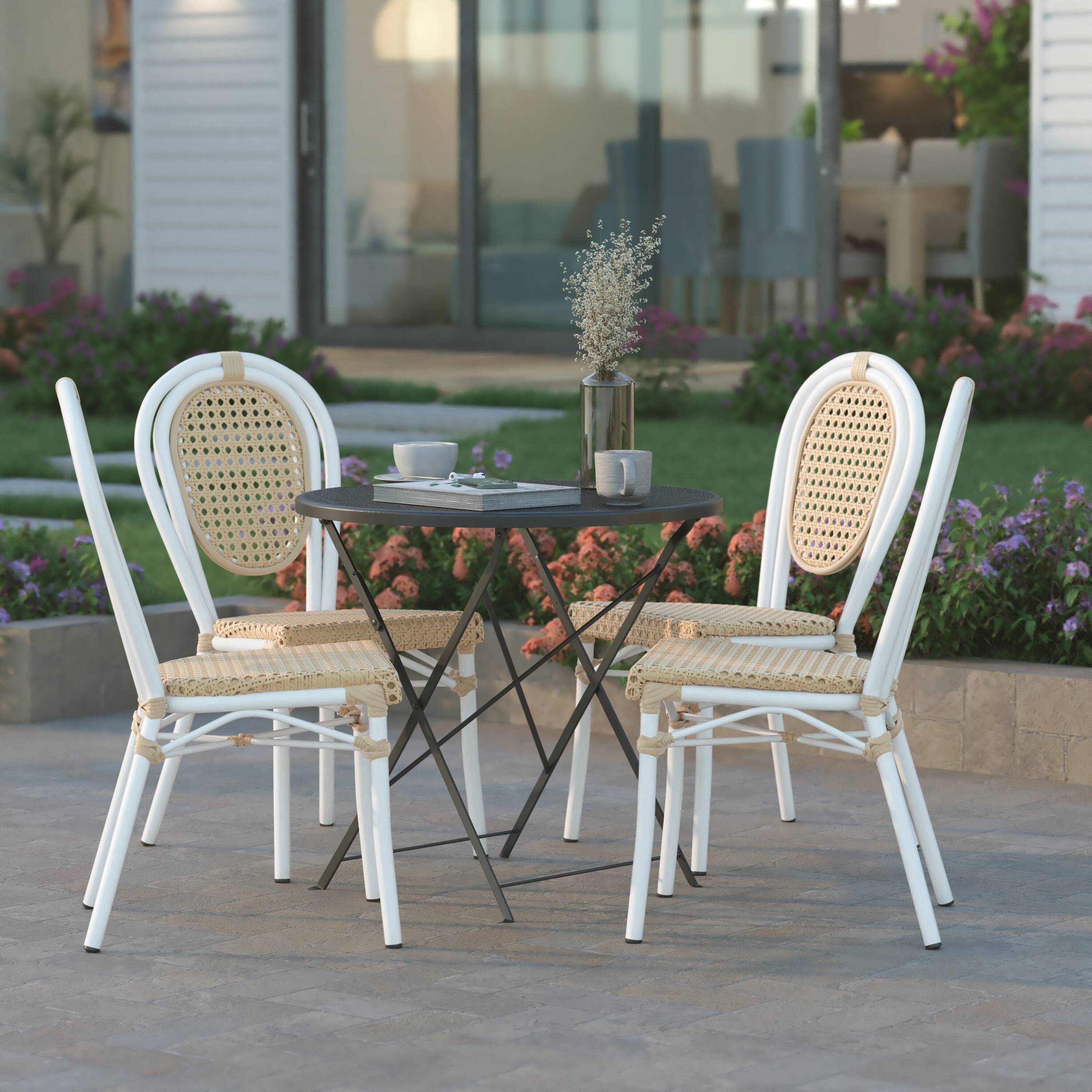 Alt View 4. Emma + Oliver - 4 Pack Stacking Bistro Chair with Metal Frame & PE Seat - Black & White/Natural Frame.
