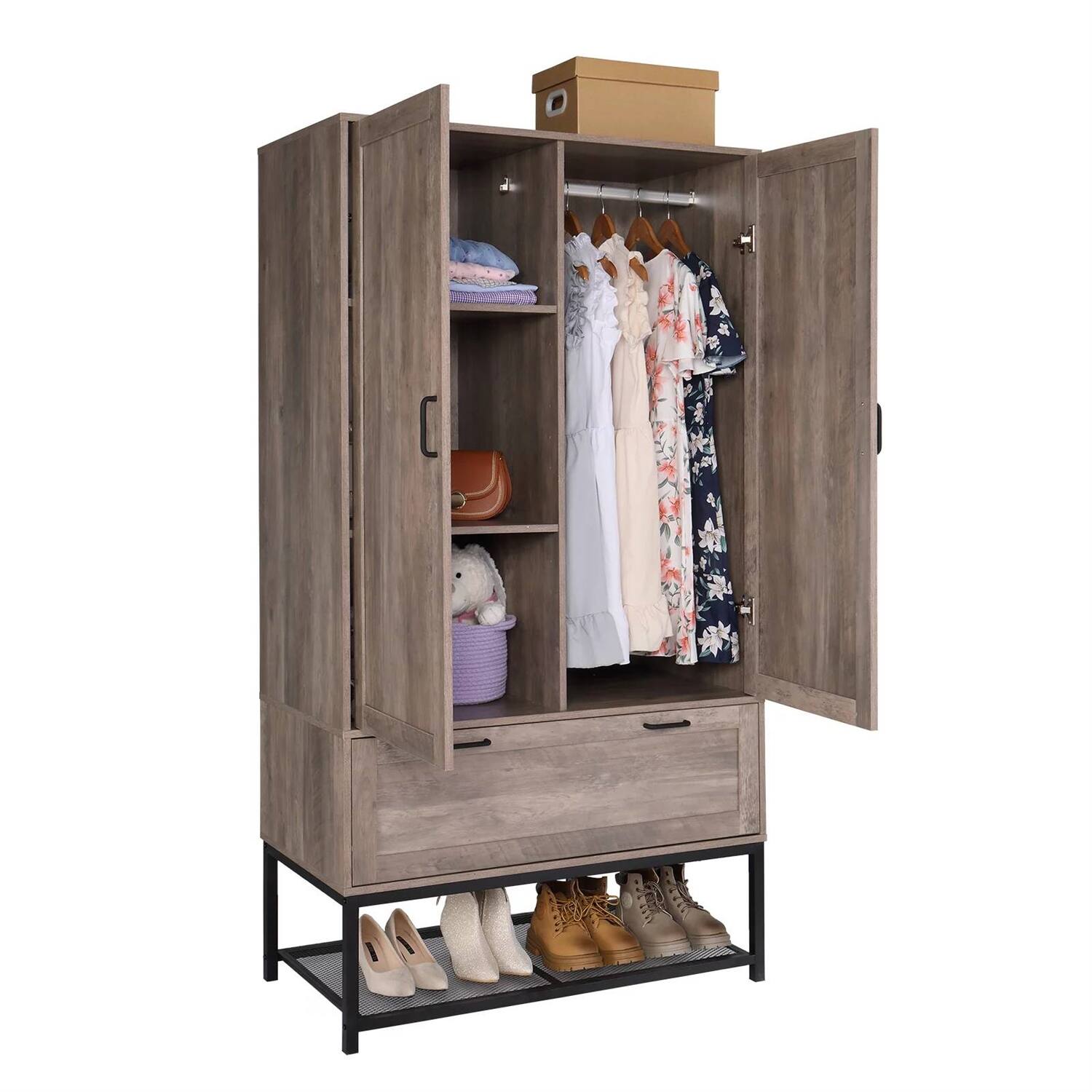 Angle. Hivvago - Modern 2-Door Bedroom Wardrobe Cabinet Armoire Shoe Rack in Retro Grey Finish - Grey.