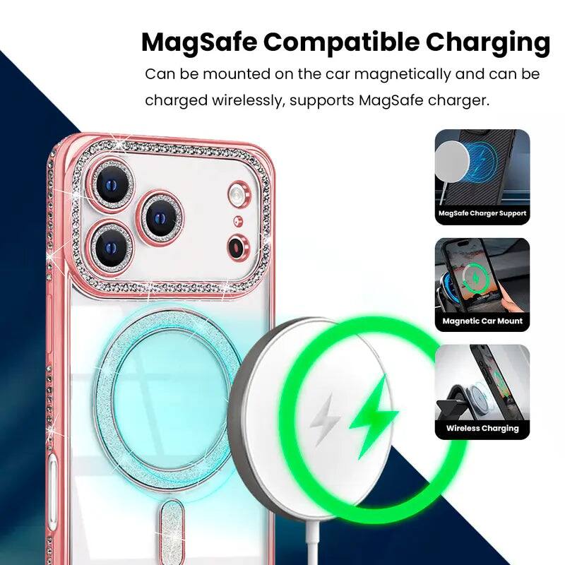 MagSafe Compatible Charging  
Can be mounted on the car magnetically and can be charged wirelessly, supports MagSafe charger.  

MagSafe Charger Support  
Magnetic Car Mount  
Wireless Charging
