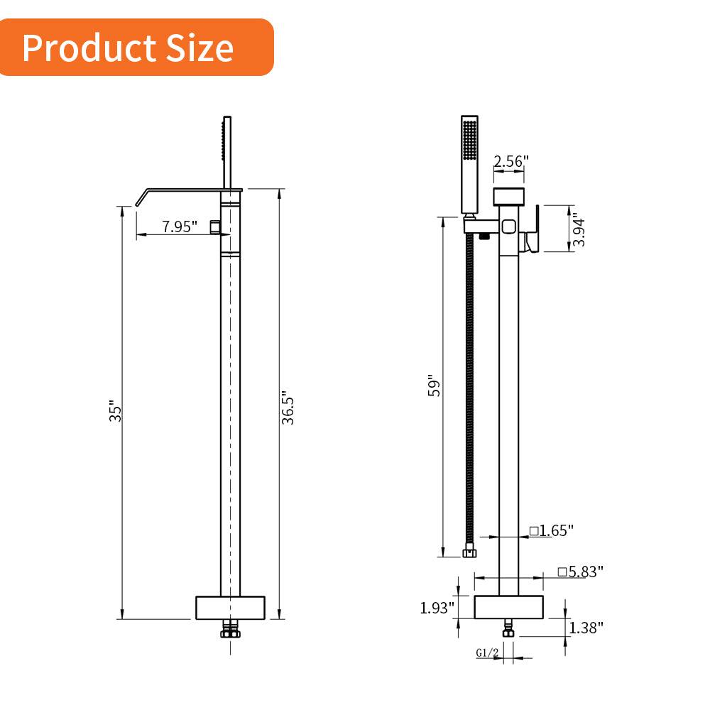 Product Size

- 2.56"
- 7.95"
- 3.94"
- 35"
- 36.5"
- 59"
- 01.65"
- 5.83"
- 1.93"
- 1.38"
- G1/2