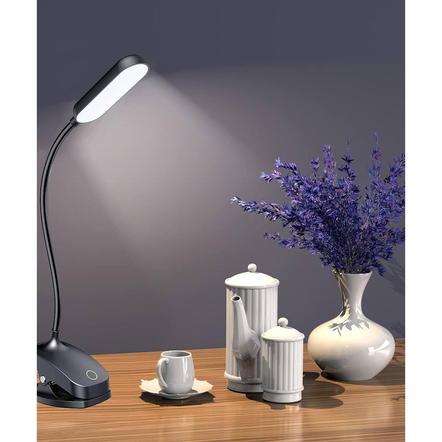 Back. PARKER SLATER - Rechargeable 7W clip-on desk lamp with 2600mAh battery, flexible gooseneck, and stepless brightness for desk, bed - Black.