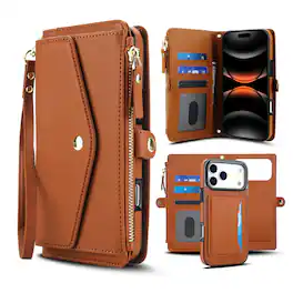 Dteck - Crossbody RFID Blocking Zipper Wallet Card For iPhone 17 Pro Max Handbag Magnetic Kickstand Wrist Strap Case - Brown