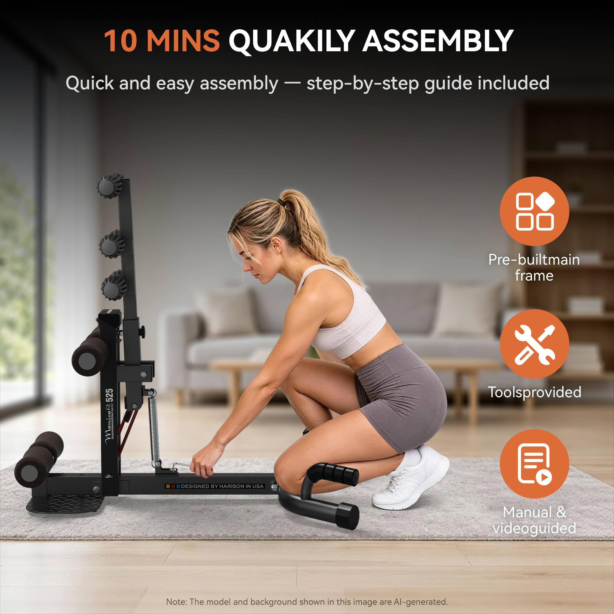 10 MINS QUICKLY ASSEMBLY  
Quick and easy assembly - step-by-step guide included  
Pre-built main frame  
Tools provided  
Manual & video guided  
DESIGNED BY HARISON IN USA  

Note: The model and background shown in this image are AI-generated.