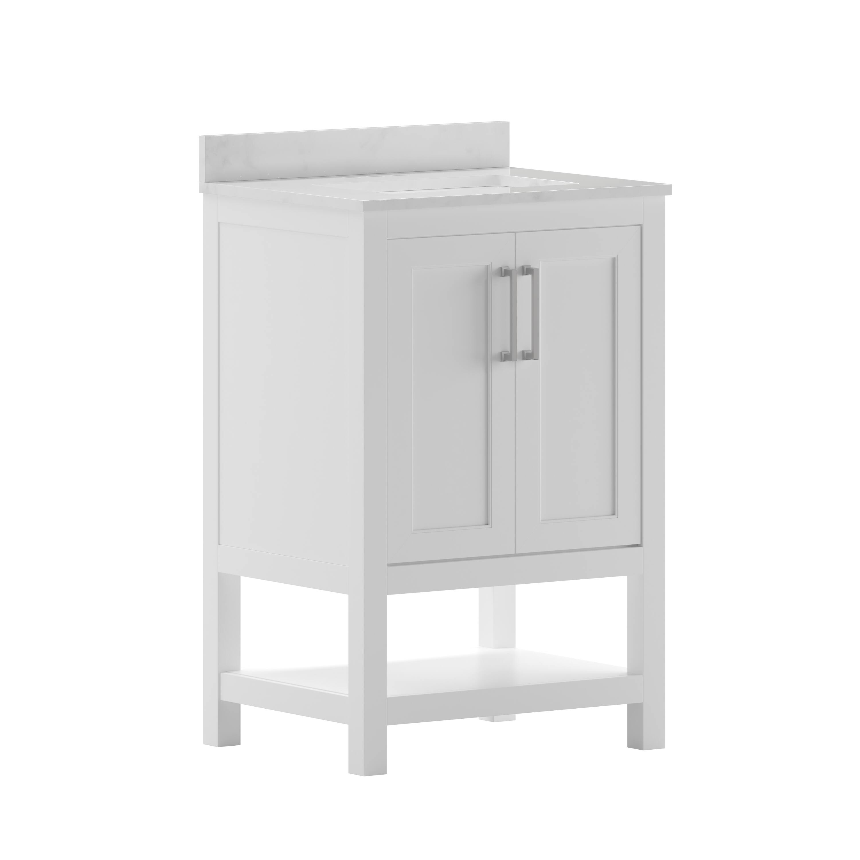 Alt View 1. Emma + Oliver - Vesta Bathroom Vanity, Single Sink Cabinet with 2 Soft Close Doors and Open Shelf, Carrara Marble Finish Countertop - White.